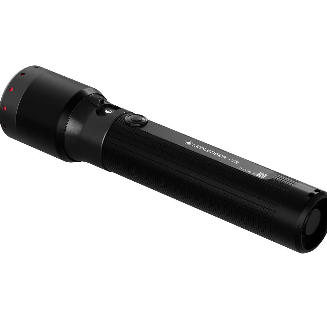Ledlenser P7R Torch angled view with black textured body side switch and red accent dots on the head