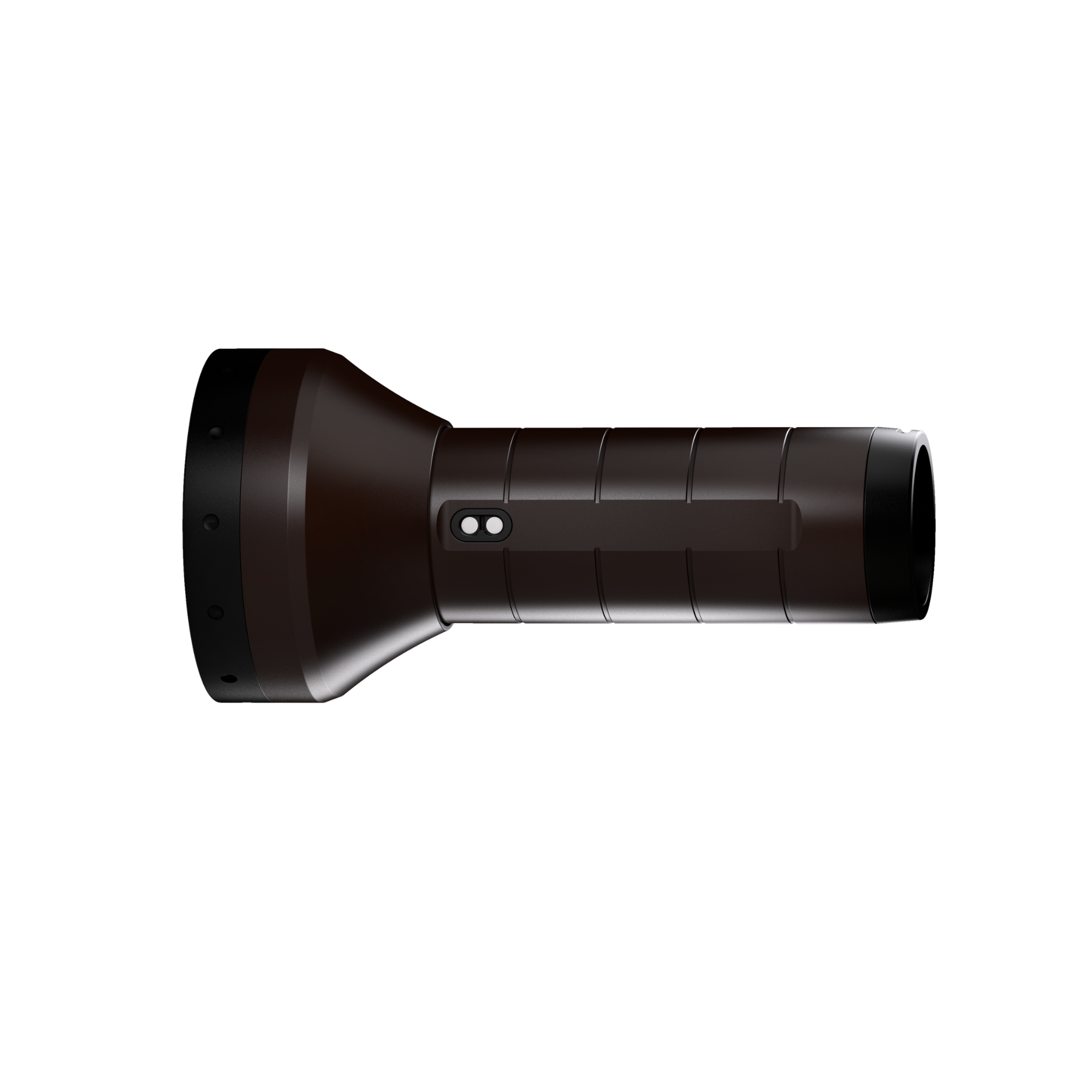 Ledlenser P18R Signature Torch shown in side profile with dark brown finish textured grip and integrated control switch