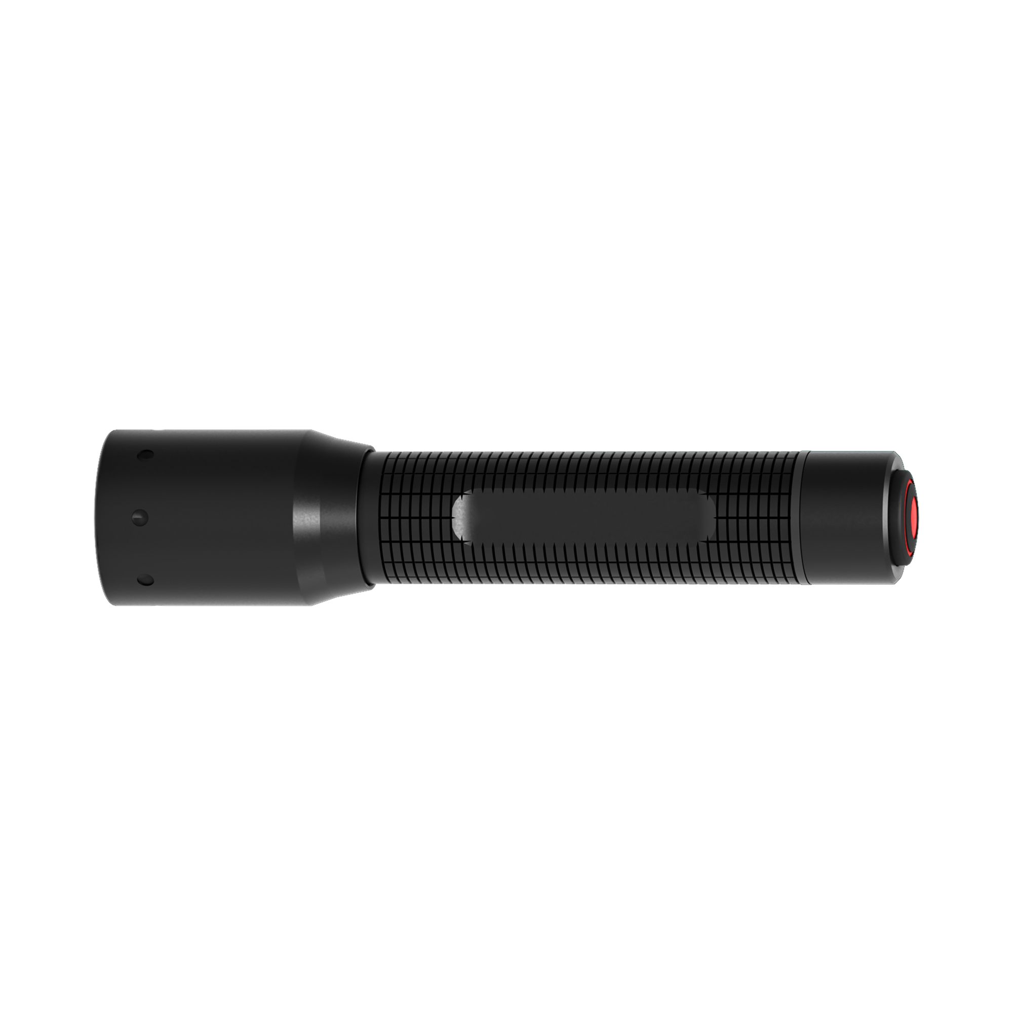 Ledlenser P3 Core Torch in black with textured grip shown from the side with red power button at the tail end