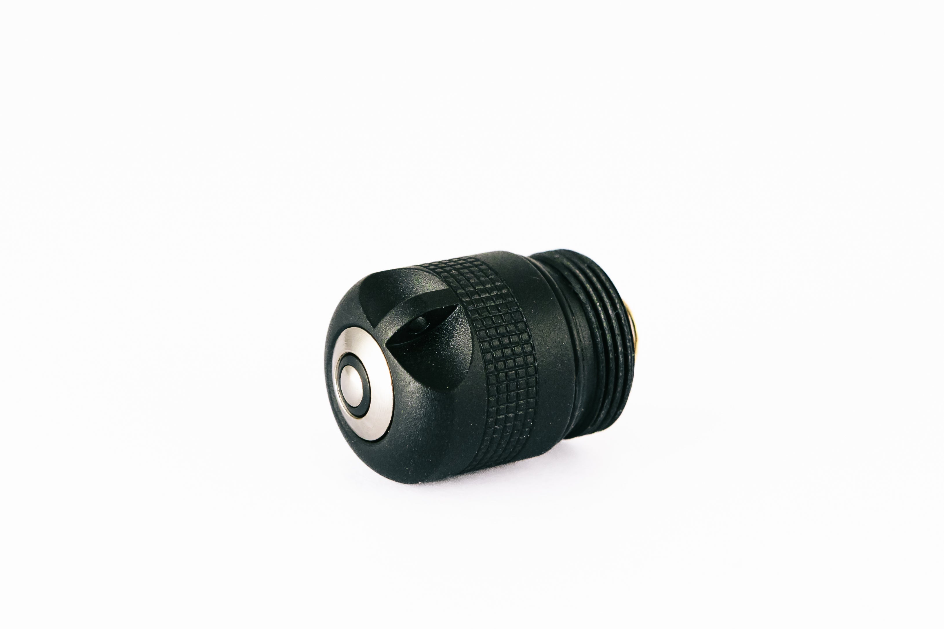 SPARES Torch End Cap for P5R and P5R 2 Torches black end cap with silver button angled side view