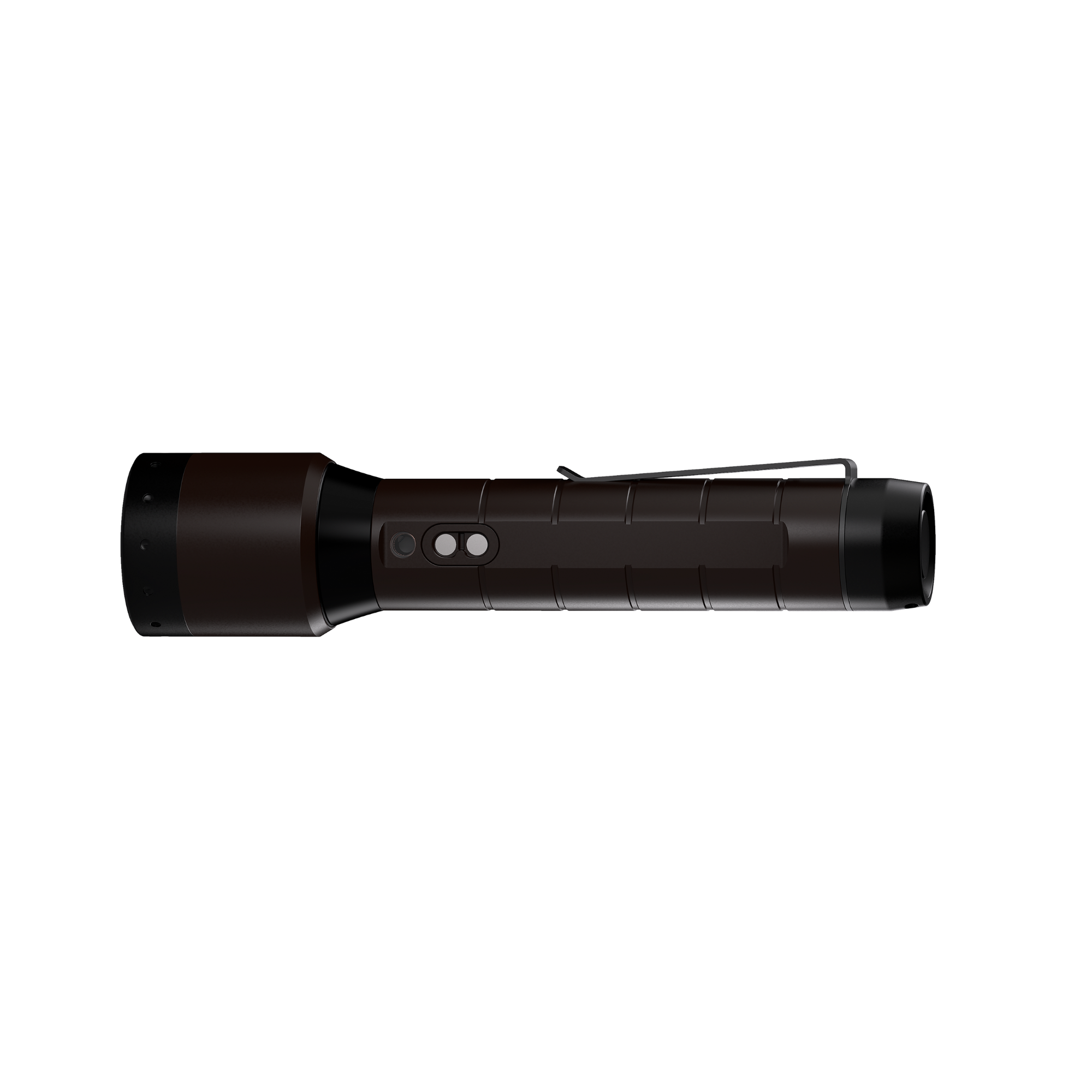 Ledlenser P6R Signature Torch lying horizontally with a dark brown finish side control button cluster and metal pocket clip visible