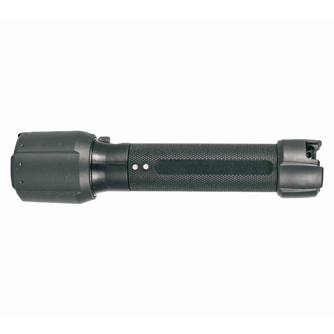 Ledlenser P7R Pro Torch side view showing black textured grip and rear tail switch handheld portable flashlight
