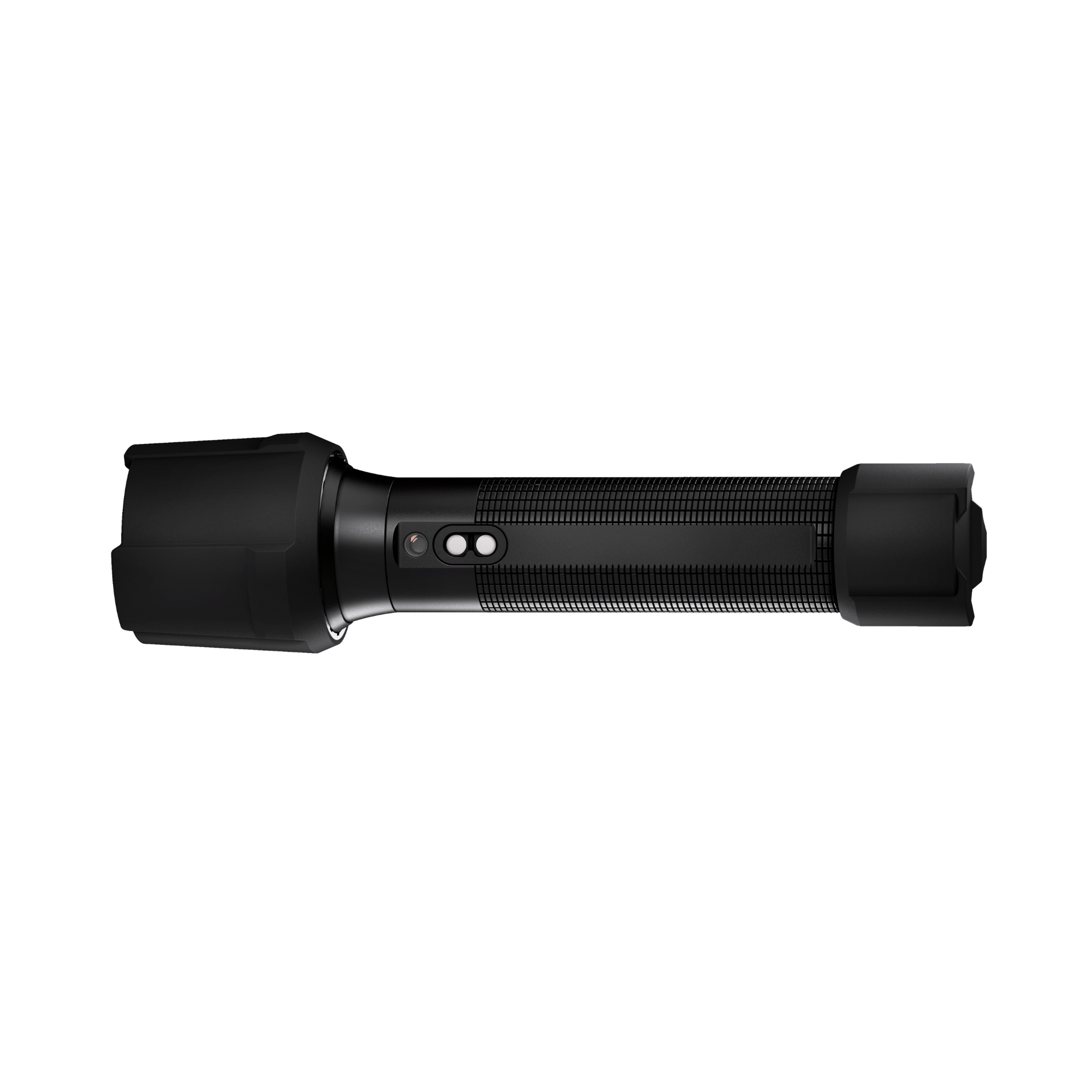 P7R Work UV Torch shown in side view; black cylindrical rechargeable torch with textured grip and tail cap