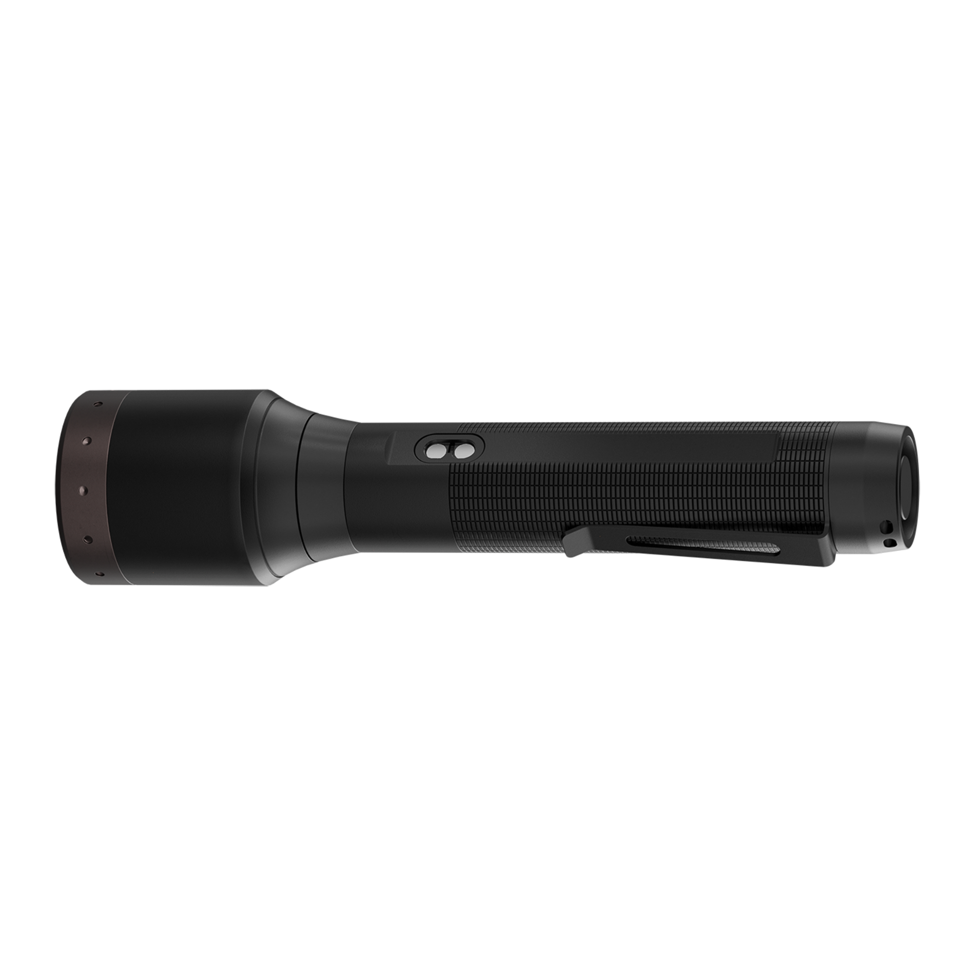 Ledlenser P9R LEP Torch side view of black textured flashlight with integrated switch