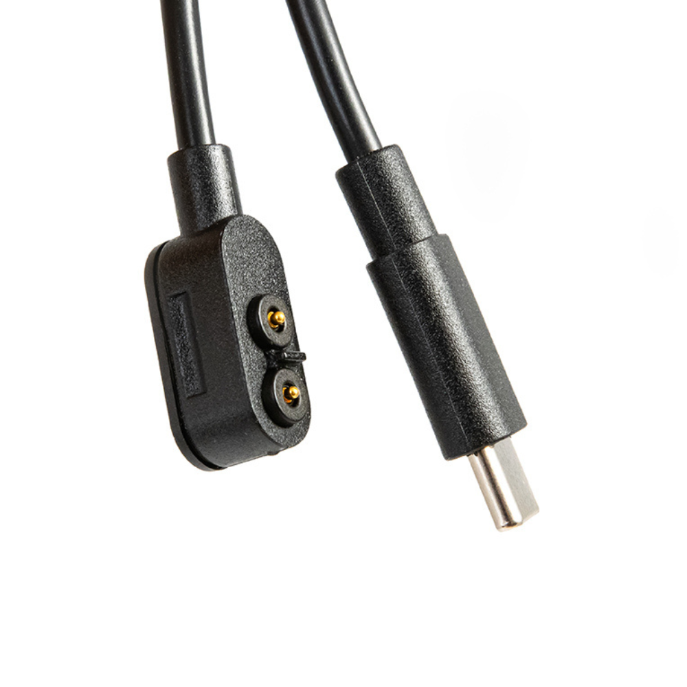 Ledlenser Magnetic Charging Cable Type A USB C showing the two pin magnetic connector and USB C plug on a black cable