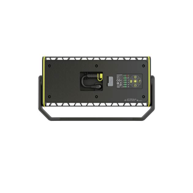 AF12R Work Floodlight underside view showing integrated handle power cable and control panel on rugged yellow accented housing