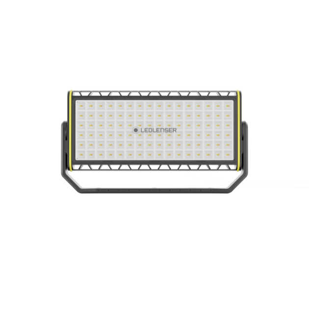 Ledlenser AF12R Work Floodlight featuring a large rectangular LED array yellow accent frame and stand shown on a dark background