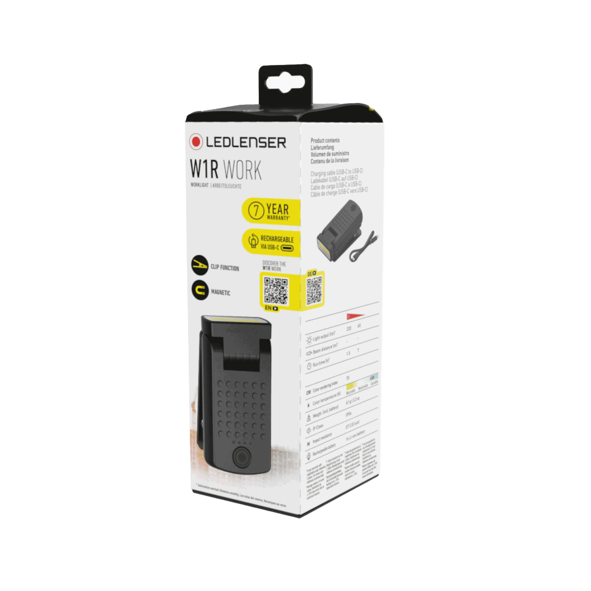 Ledlenser W1R Work Clip Light packaging box displaying the clip light and USB C recharge option with a 7 year warranty badge
