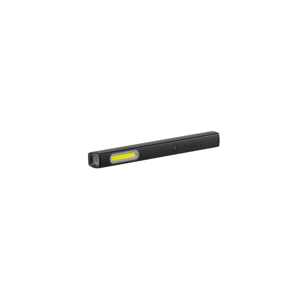 Ledlenser W2 Work Pen Light in black with yellow accent shown as a slim handheld pen style work light oriented horizontally