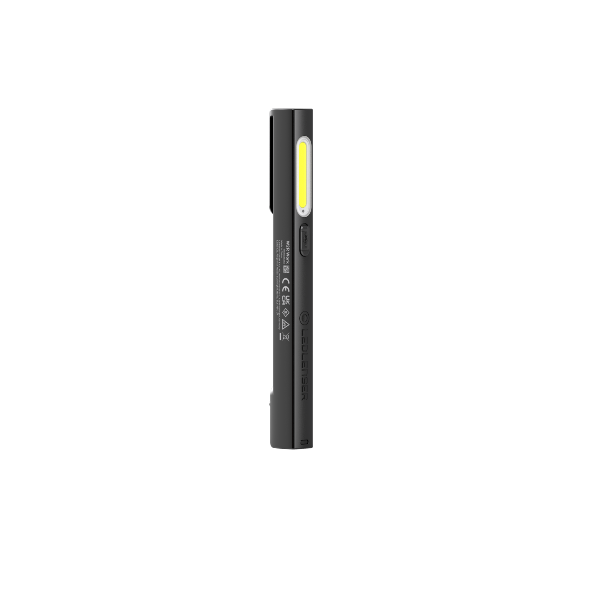 Ledlenser W2R Work Pen and Test Light a slim black rechargeable torch with yellow LED panel shown in vertical orientation