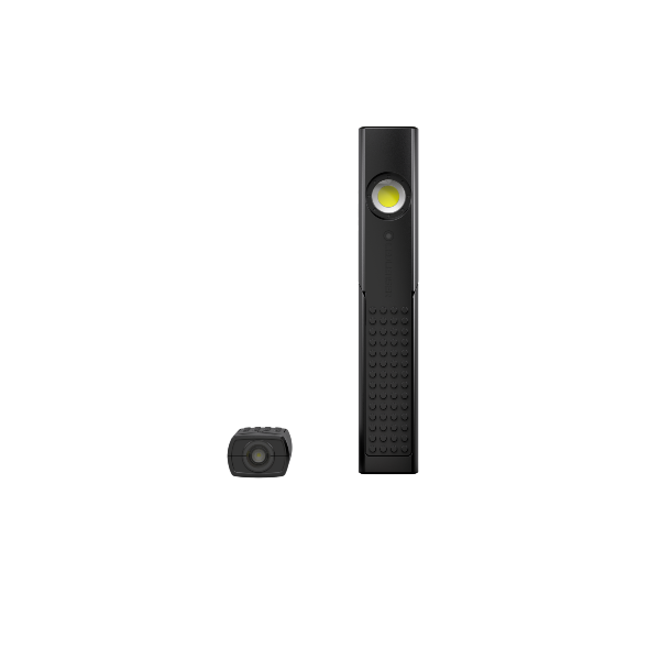Ledlenser W4R Work Worklight a slim black rechargeable work light with a circular LED face shown beside a small accessory for workshop use