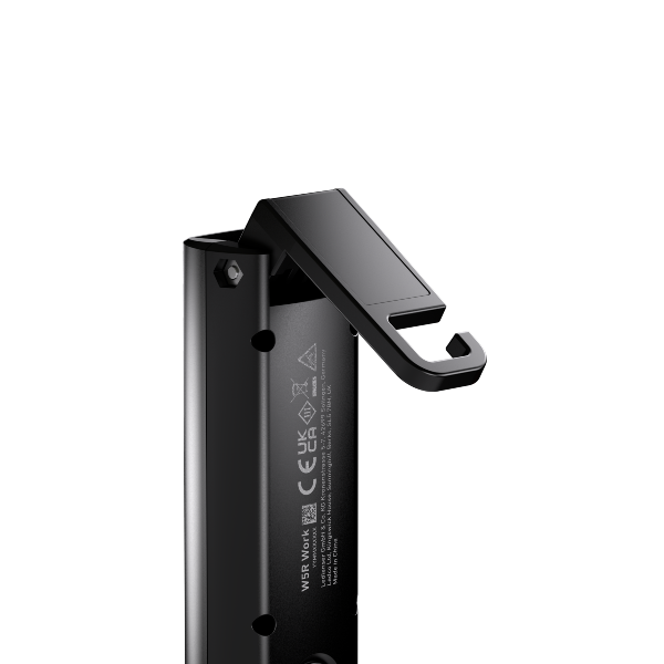 Ledlenser W5R Work Light black cylindrical body with a top hook and clip in side view