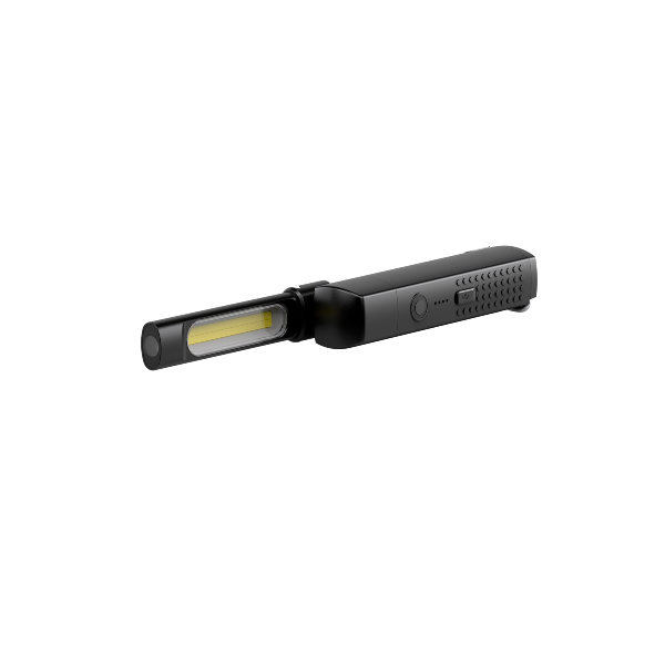 Ledlenser W6R Work Light shown in black handheld configuration with foldable head and textured grip side angle