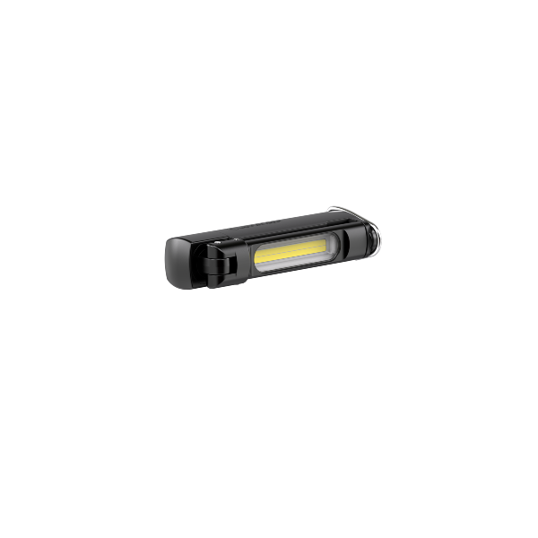 Ledlenser W6R Work Light shown horizontally with fold out head black body and yellow LED strip