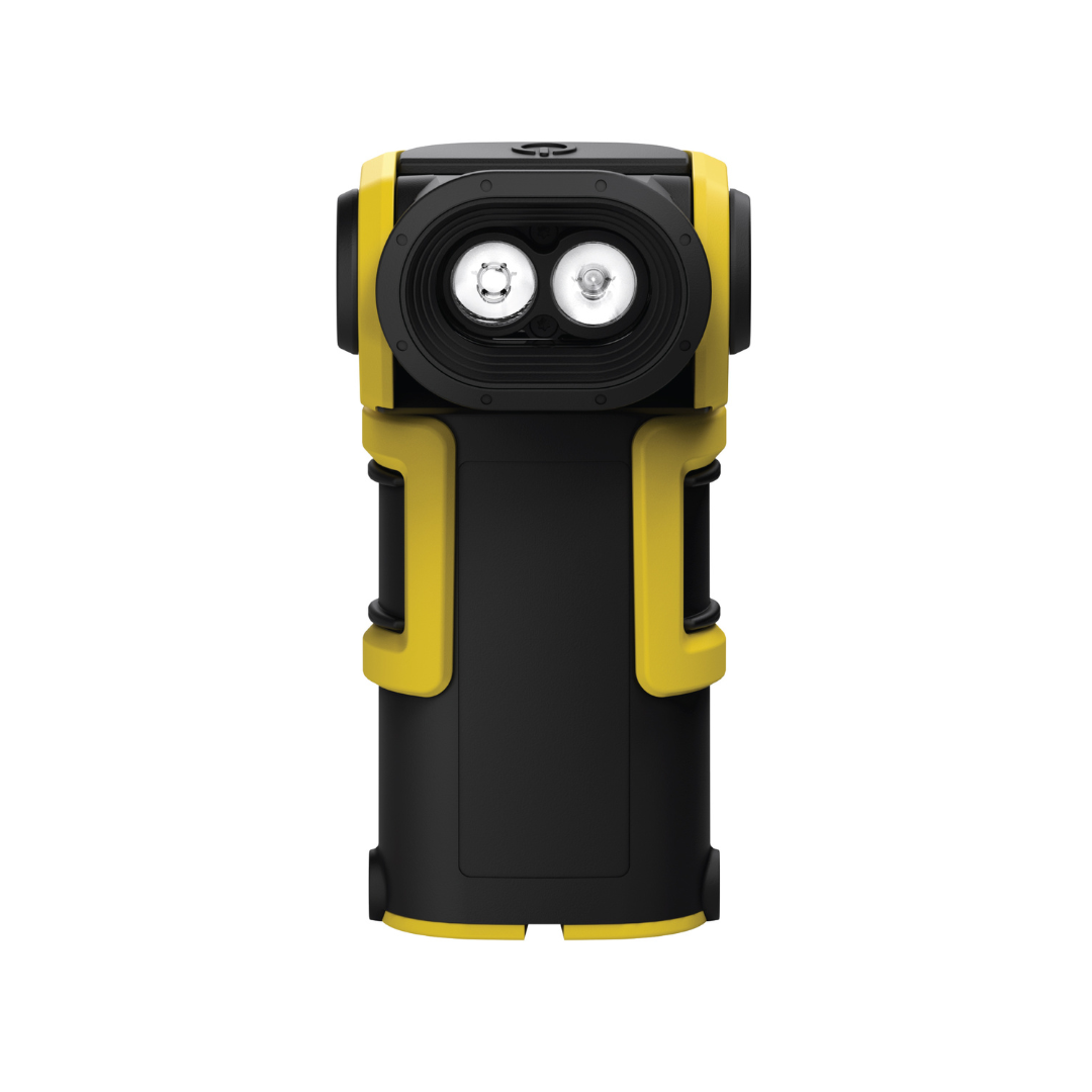 EXC6R Light: Ledlenser two LED front view rechargeable right angle torch in black and yellow with rugged housing