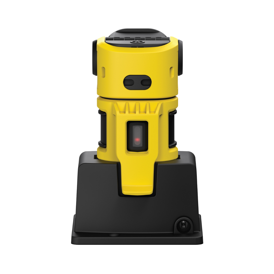 Ledlenser EXC6R light rechargeable right angle torch on charging stand yellow body with black base