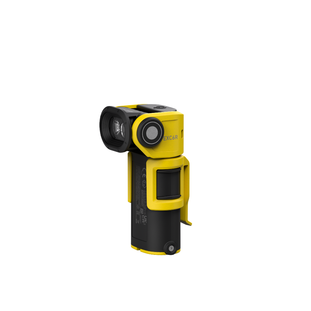 Ledlenser EXC6R Light yellow rechargeable right angle torch with black handle in upright position shown with compact headlamp head and side switch