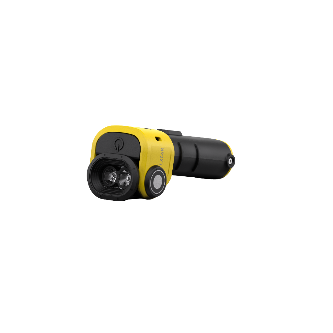 EXC6R Light Ledlenser yellow black right angle rechargeable torch with dual lenses and side power button