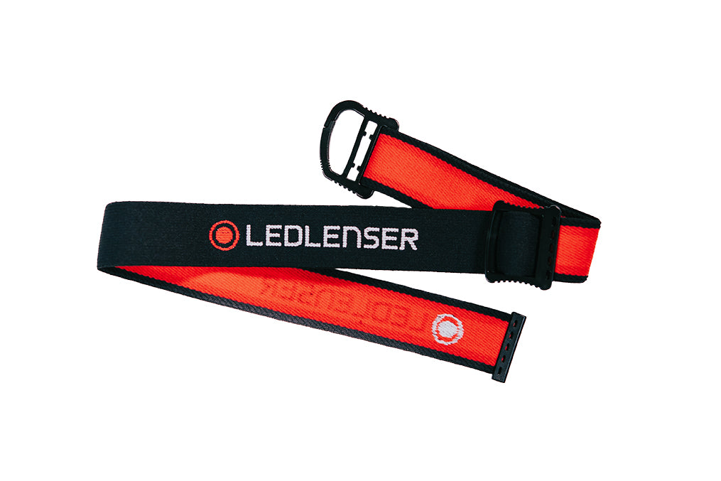 Headband Suits H8R Headlamp Black Red adjustable headband strap with Ledlenser logo and red inner fabric shown lying flat against a white background