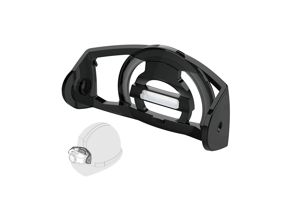 Helmet Mounting Kit Type D mounting bracket in black for MH3 MH5 headlamps shown with a helmet silhouette