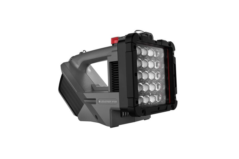 Ledlenser XP30R Spotlight rechargeable handheld searchlight with a large LED array rugged gray housing and red accent