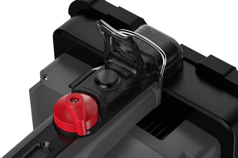 Ledlenser XP30R Spotlight close up showing red control knob and mounting hardware on the battery pack