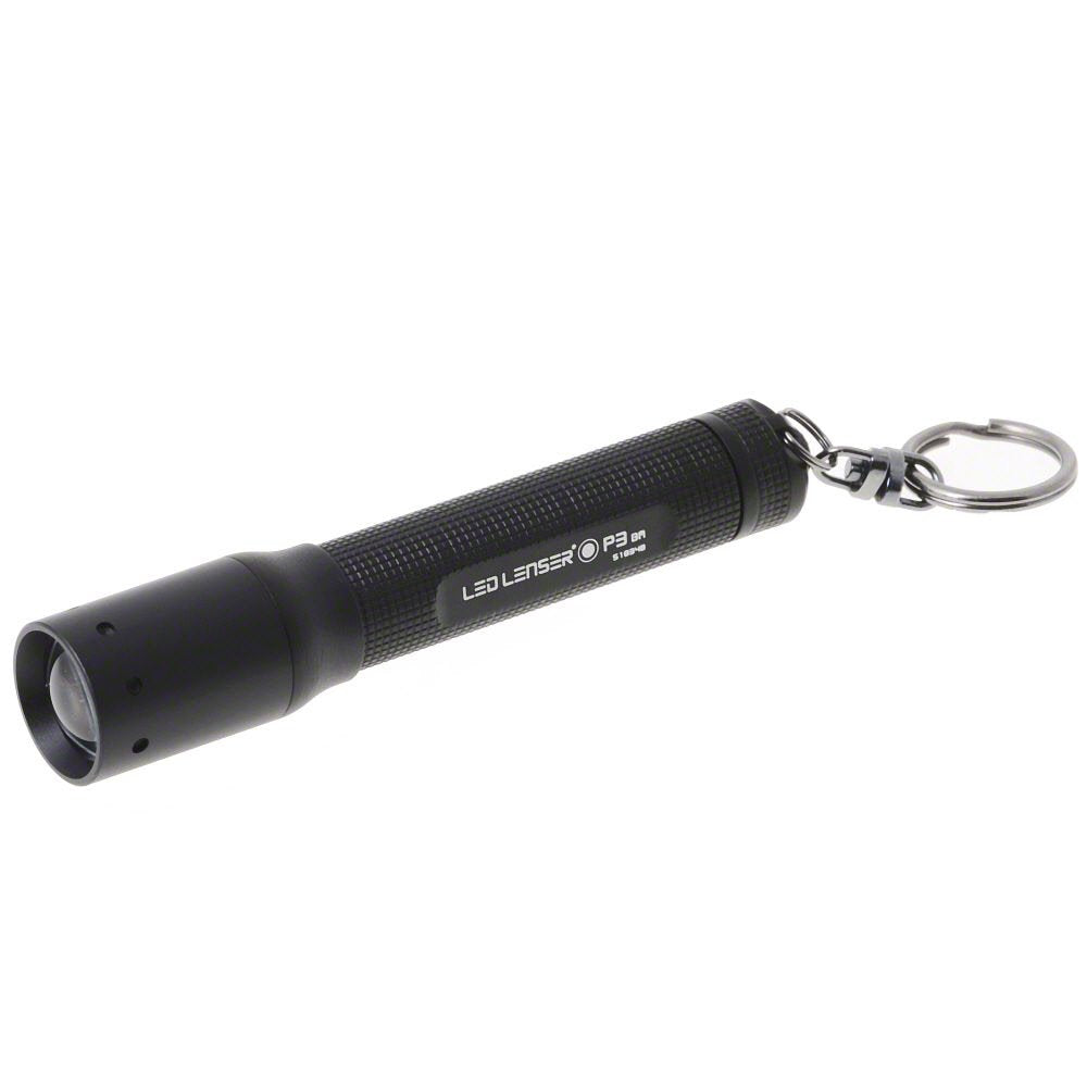 Ledlenser P3 BM Keyring Torch compact black keychain flashlight shown at angle with ring attachment