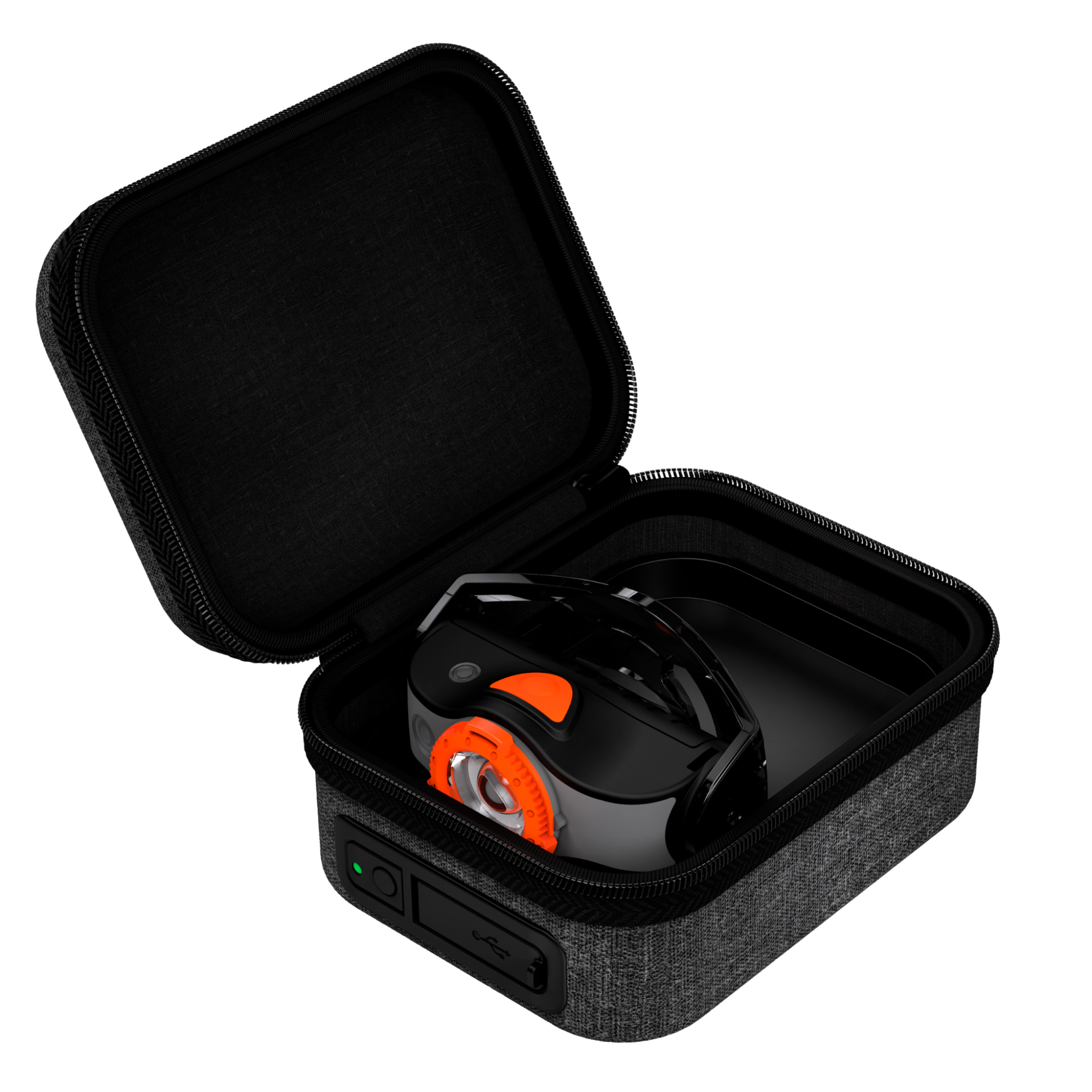 MH5 Powercase Combo Headlamp & Charging Case opened showing black headlamp with orange dial inside a grey protective case