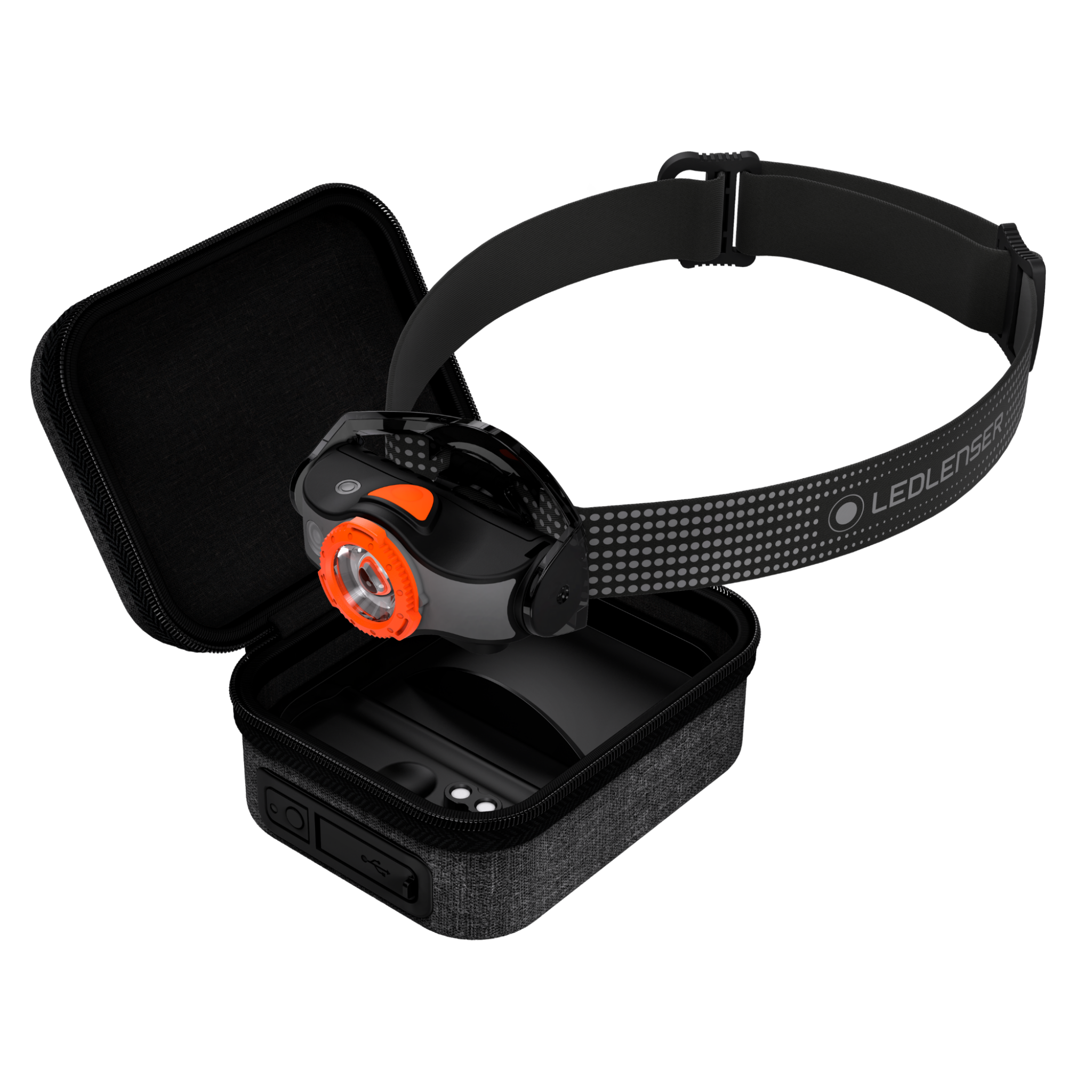 MH5 Powercase Combo headlamp with orange bezel on a black elastic headband beside the protective charging case