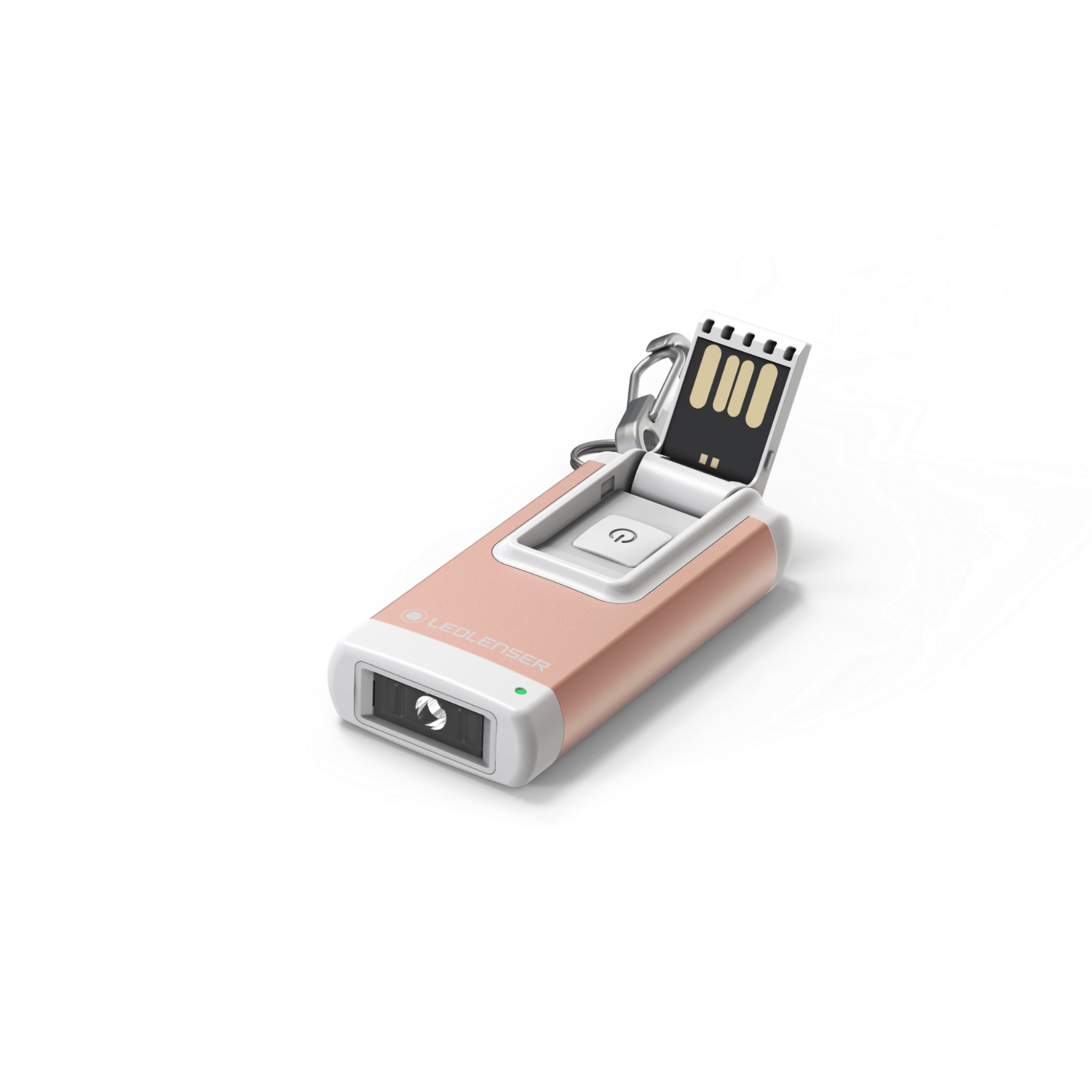 Ledlenser K4R Keychain Light with rose gold body white accents USB recharge port and keyring attachment shown on a white surface