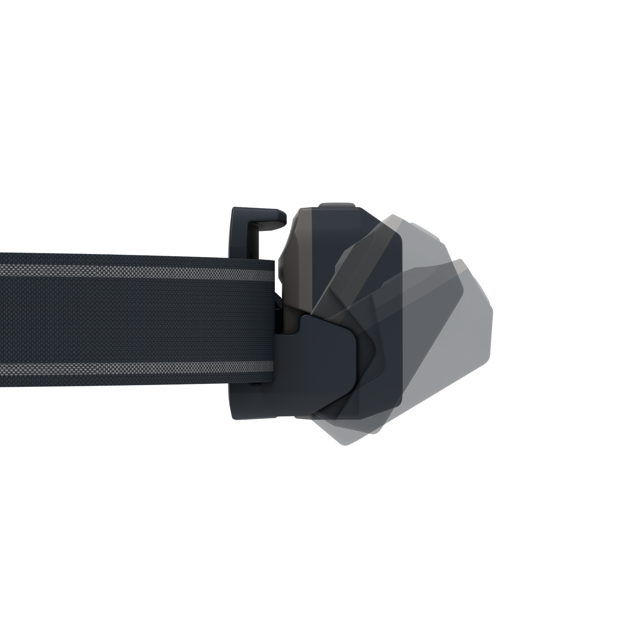 NEO5R Running Headlamp with dark grey headband and angular light housing shown mounted on strap horizontal orientation