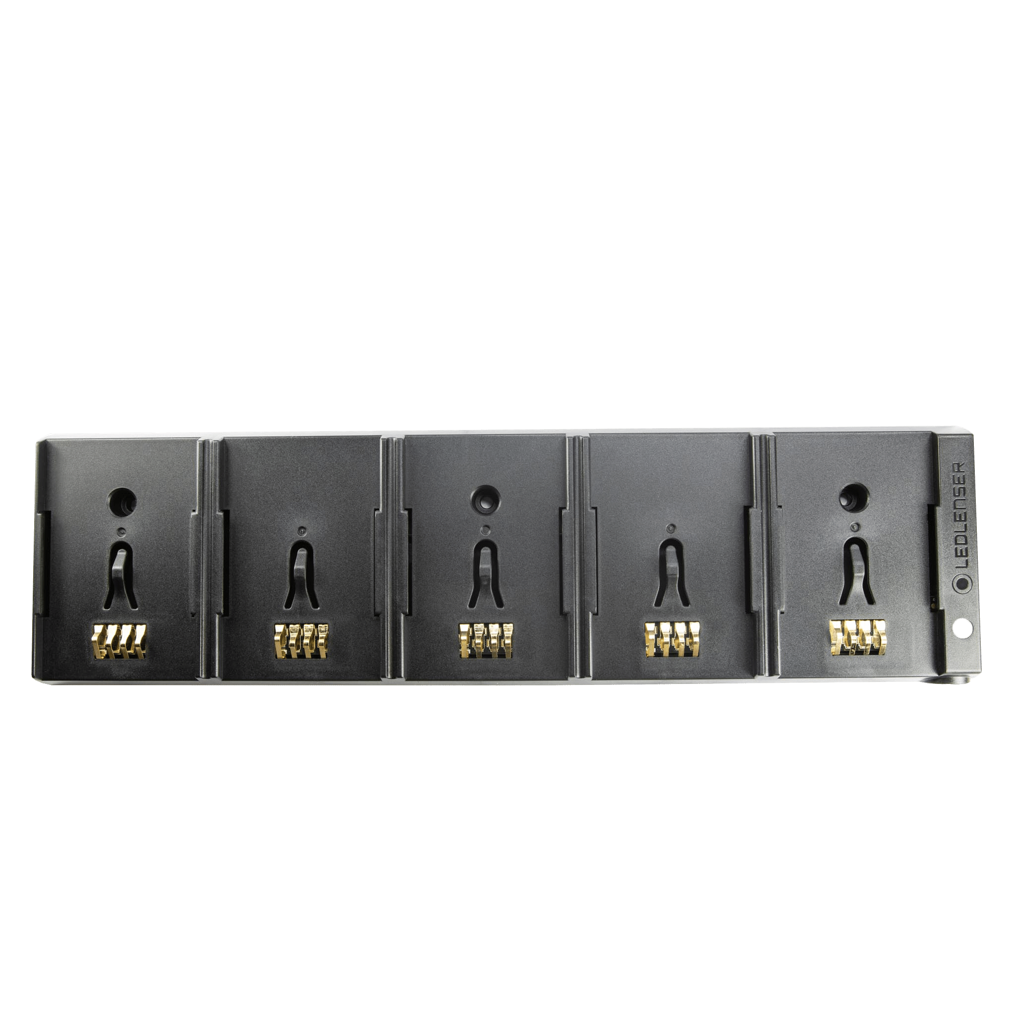 Ledlenser 5 Station Charging Panel with five individual charging bays and gold connectors on a grey metal panel