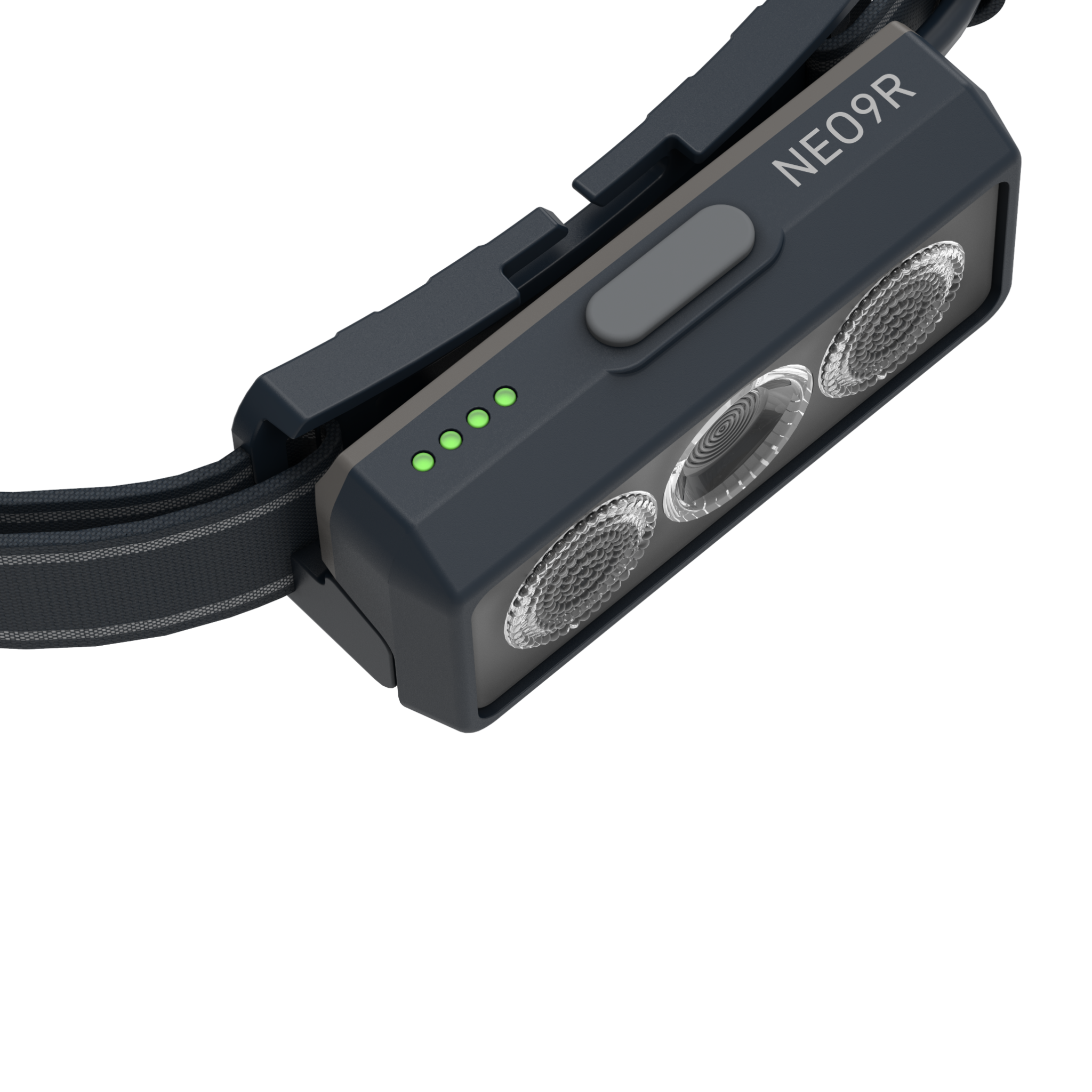 Ledlenser NEO9R Running Headlamp with adjustable headband dark blue housing dual front LEDs and four green status LEDs