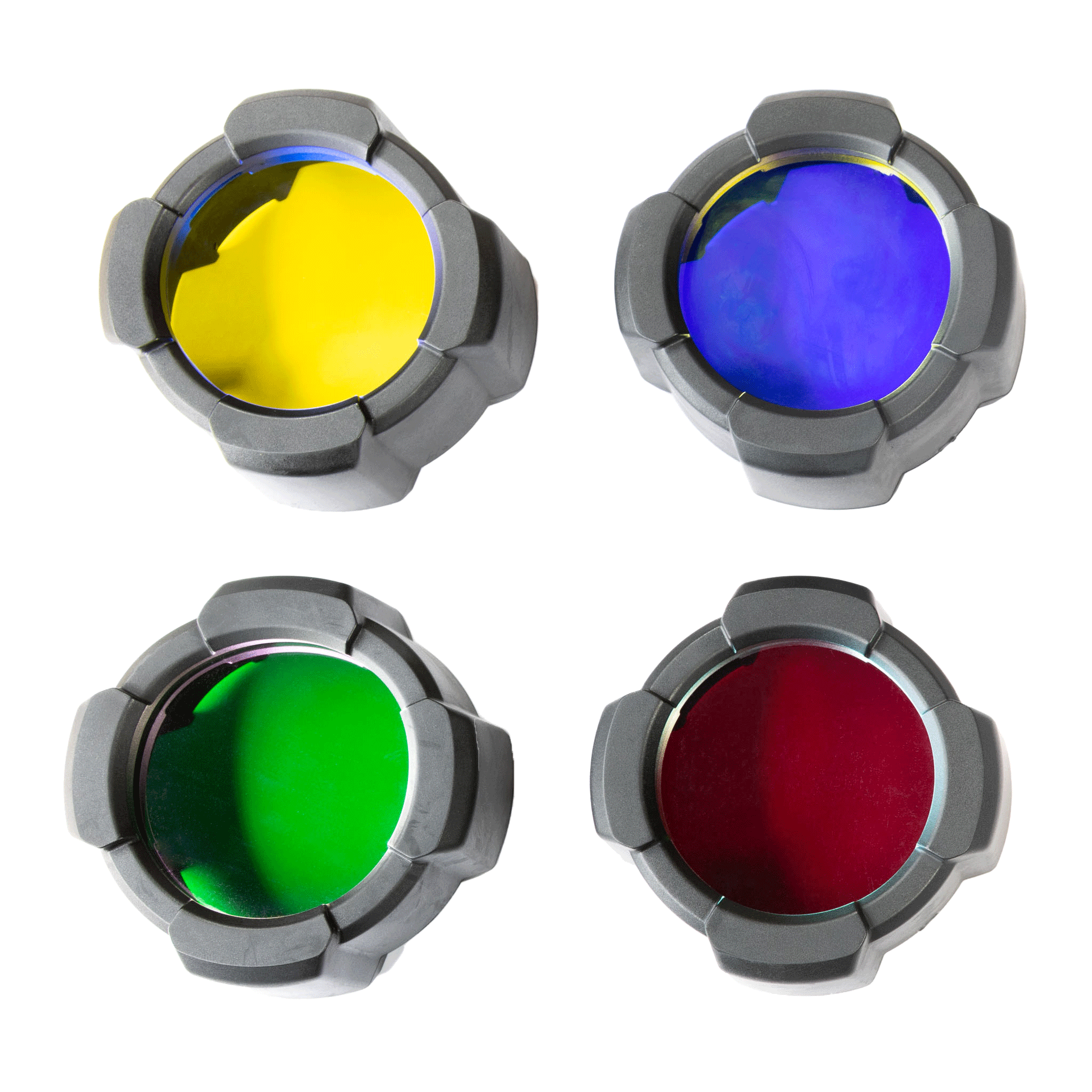 Colour Filter Set 53mm for P17R Core Torch showing yellow blue green and red filters with grey frames