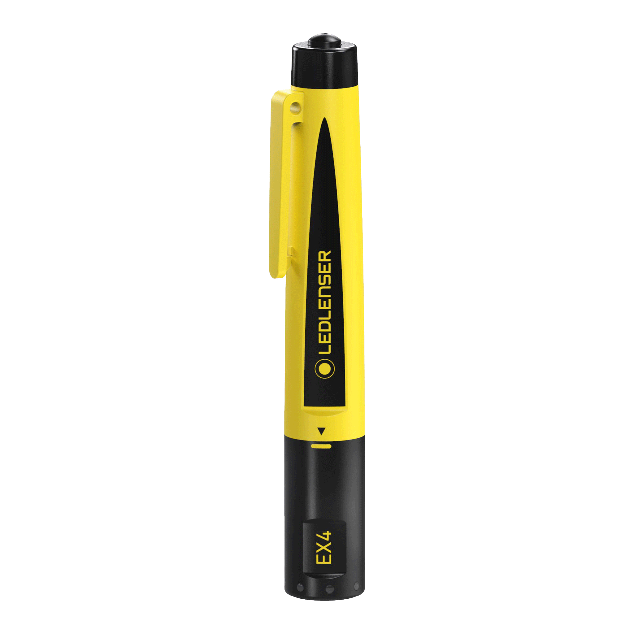 Ledlenser EX4 torch in yellow and black side view with pocket clip compact portable lighting for professional use