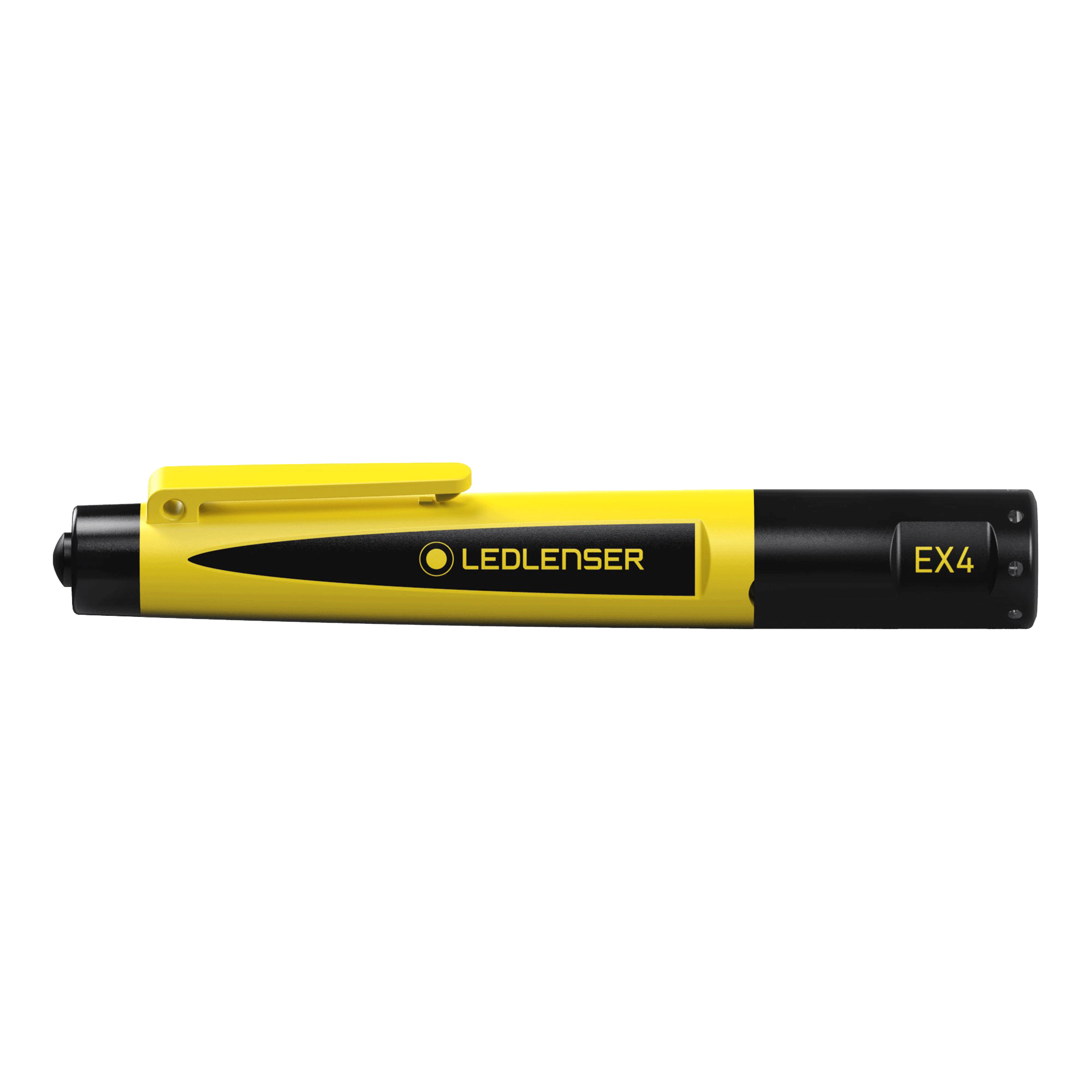 EX4 Torch by Ledlenser compact yellow and black handheld torch shown in side view with pocket clip