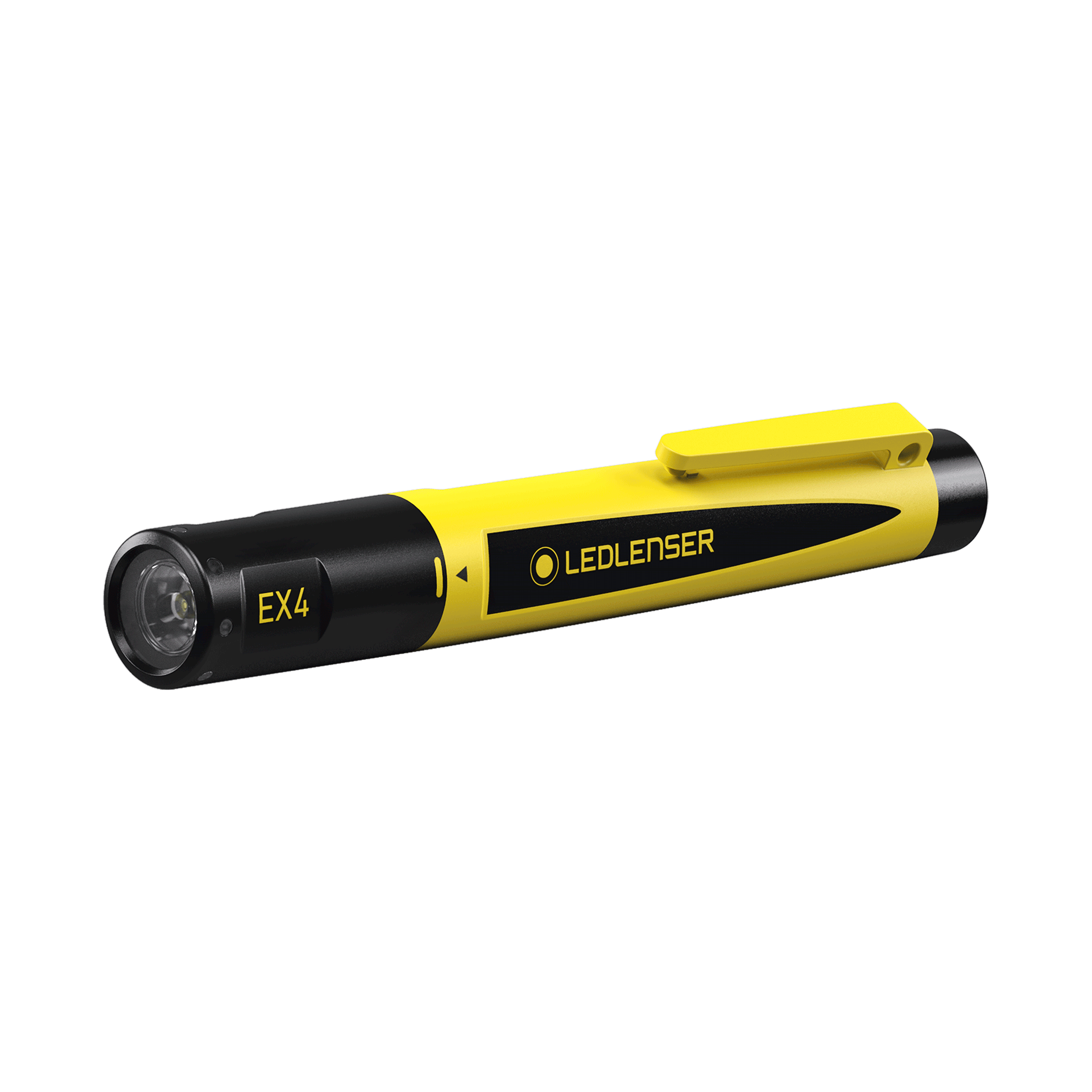 EX4 Torch by Ledlenser in yellow and black with front lens visible and top clip angled view