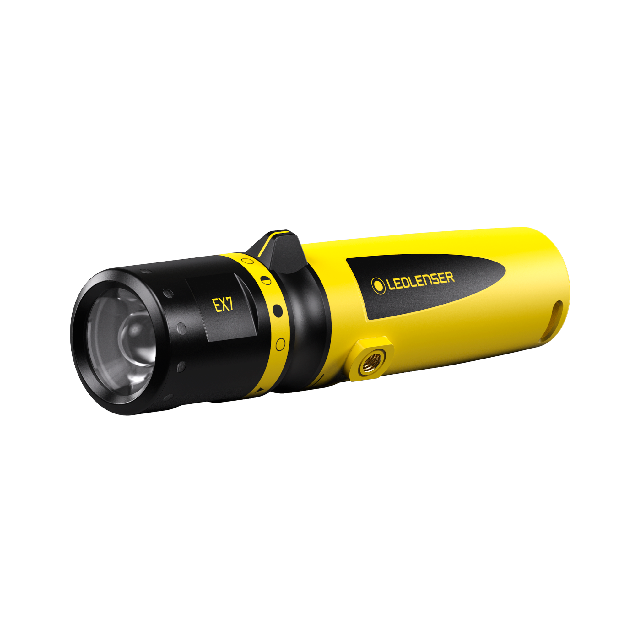 Ledlenser EX7 Torch in yellow and black side view showing lens bezel and grip section