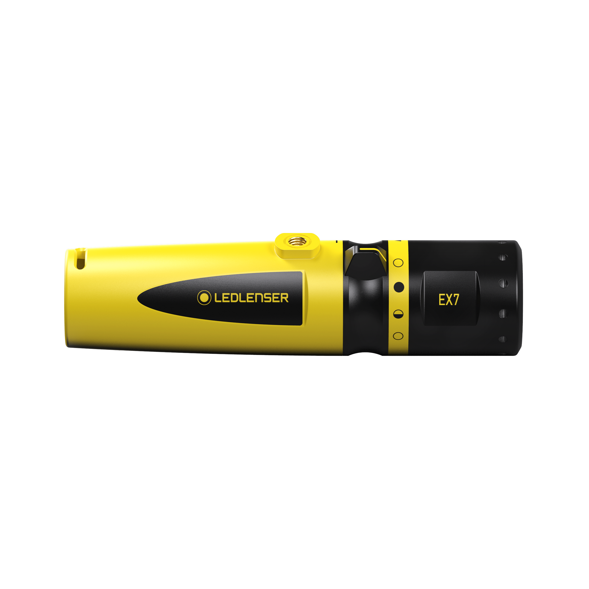 Ledlenser EX7 Torch in yellow and black side profile view highlighting the compact body and control ring