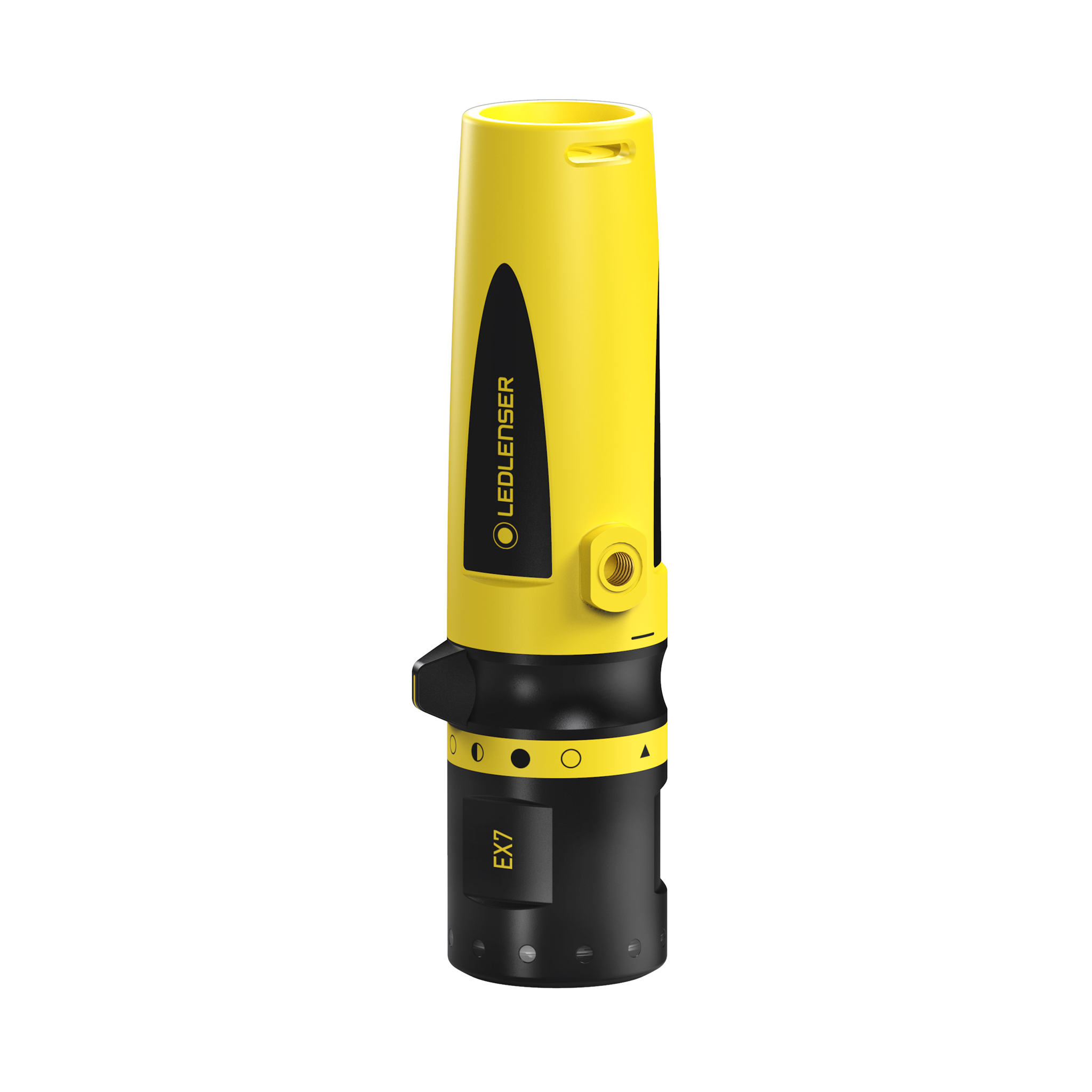 EX7 Torch by Ledlenser rugged yellow and black handheld flashlight shown upright with side control and protective bezel