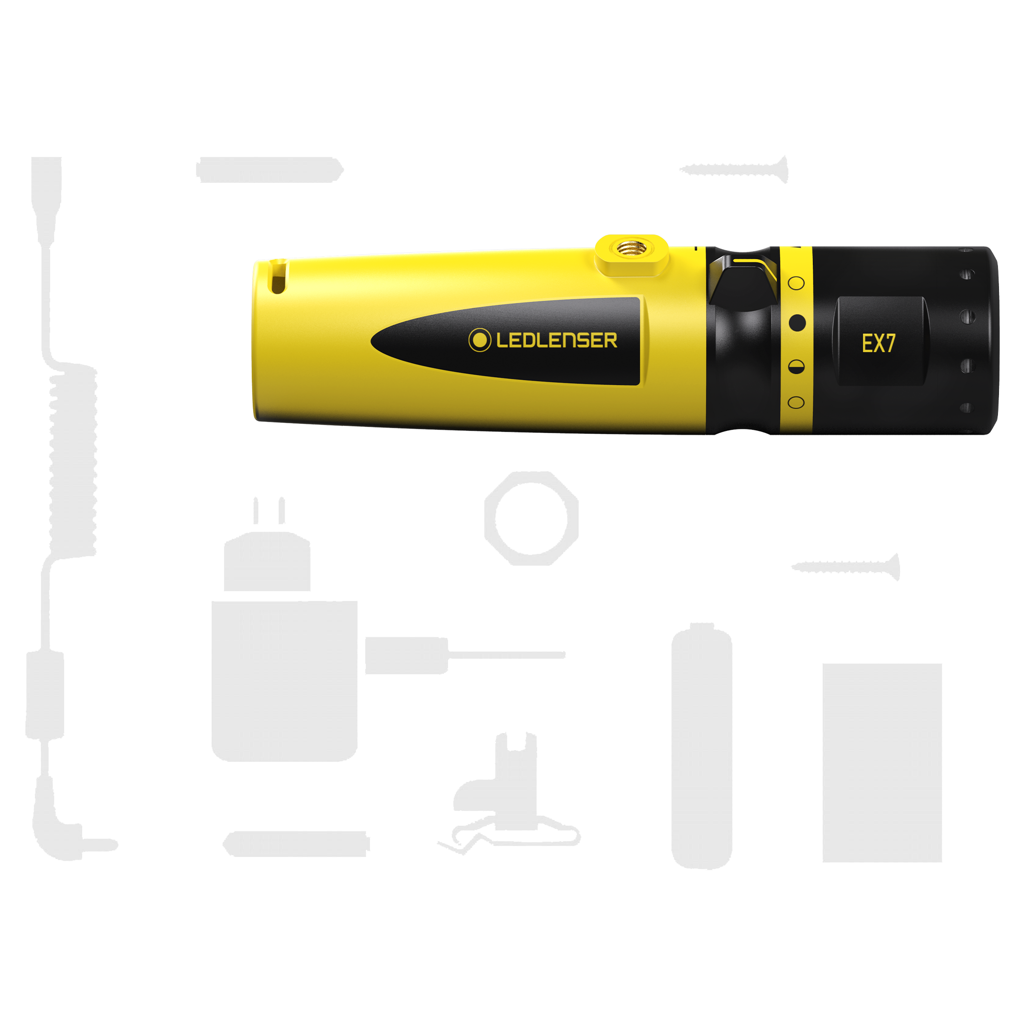 Ledlenser EX7 Torch in yellow and black side profile with control ring; accessory silhouettes around