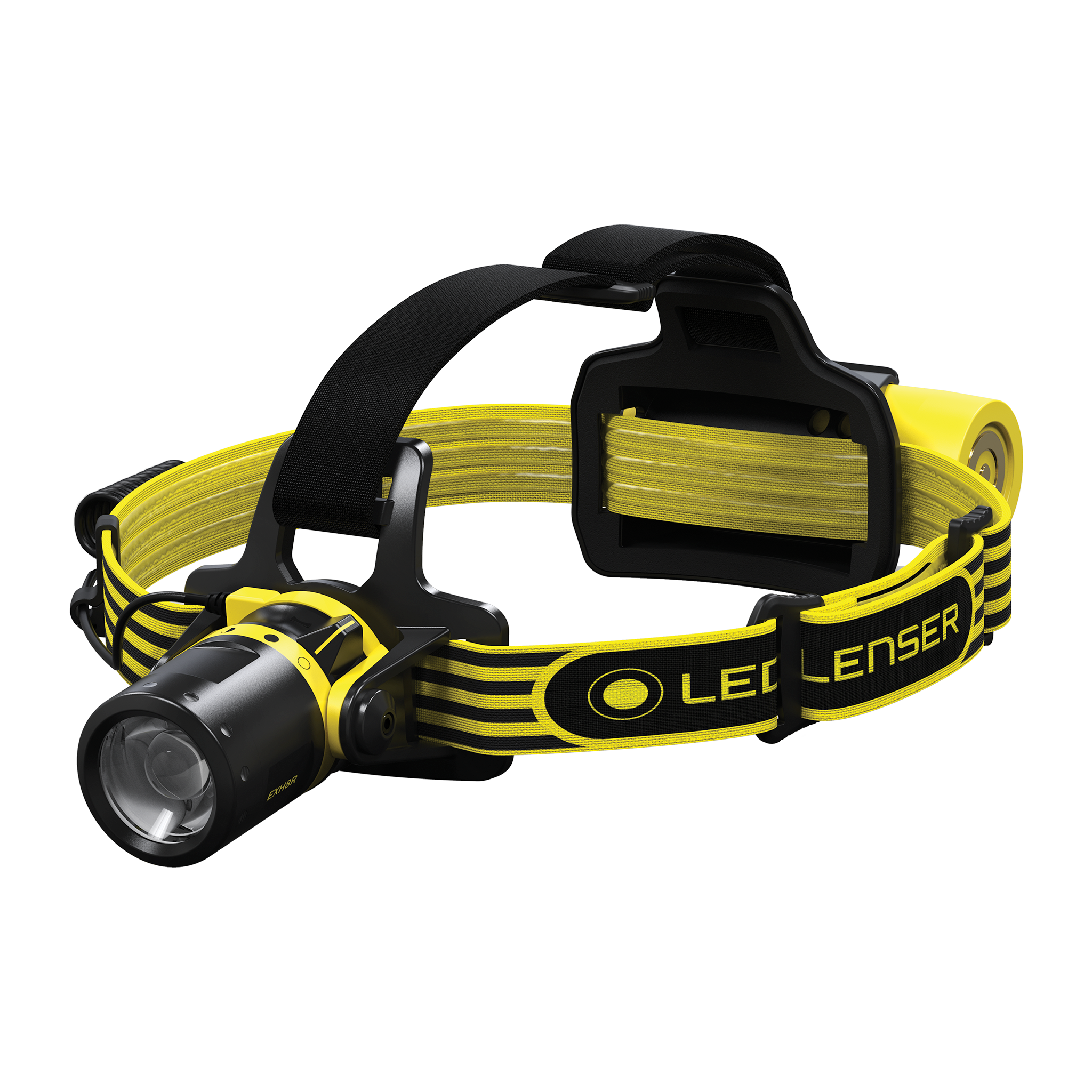 EXH8R Headlamp with yellow and black head strap and mounted battery pack front LED lamp on adjustable nose
