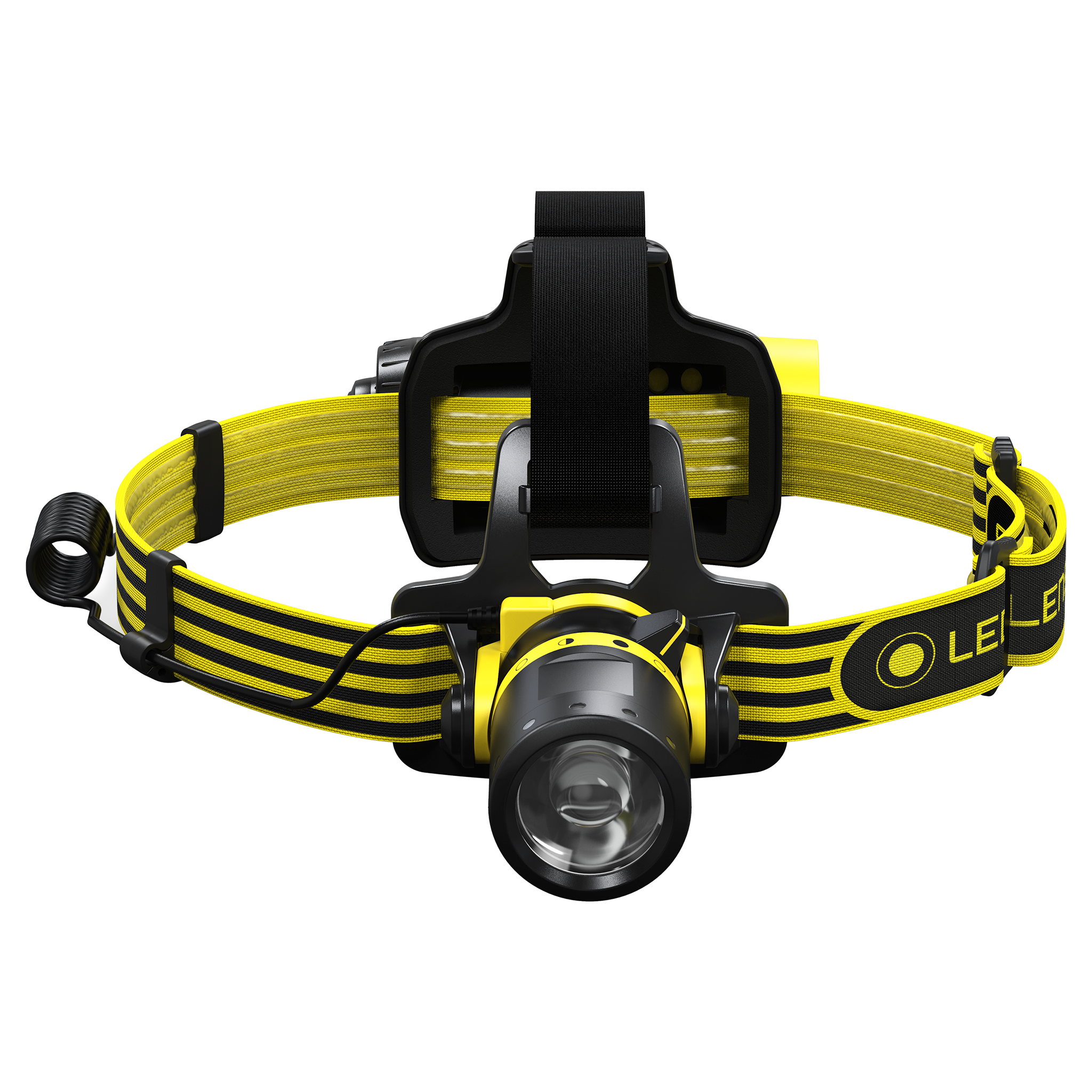EXH8 Headlamp by Ledlenser with yellow black headband and front mounted light shown from a front right angle