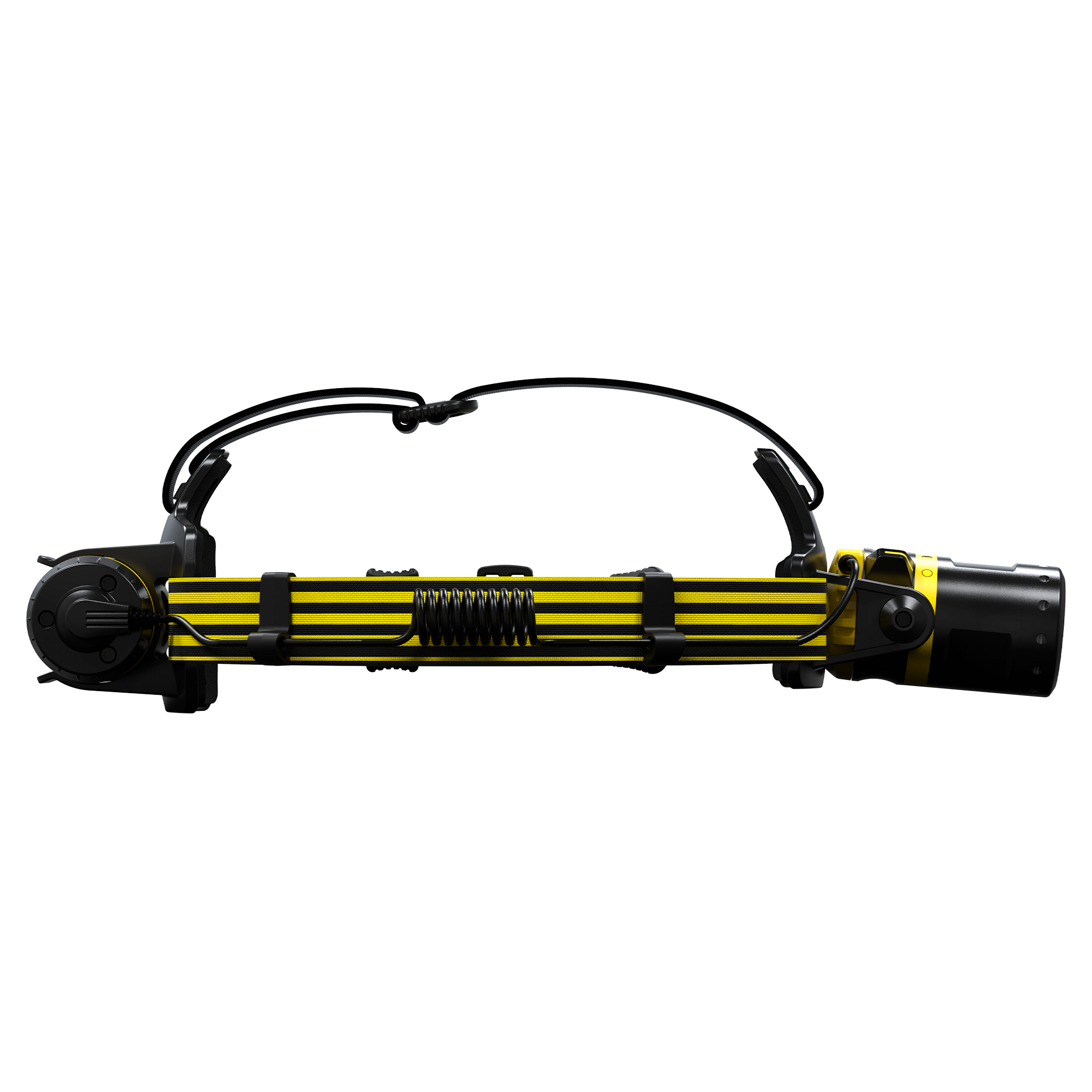 Ledlenser EXH8 Headlamp with yellow and black headband side view showing adjustable mount and compact front light
