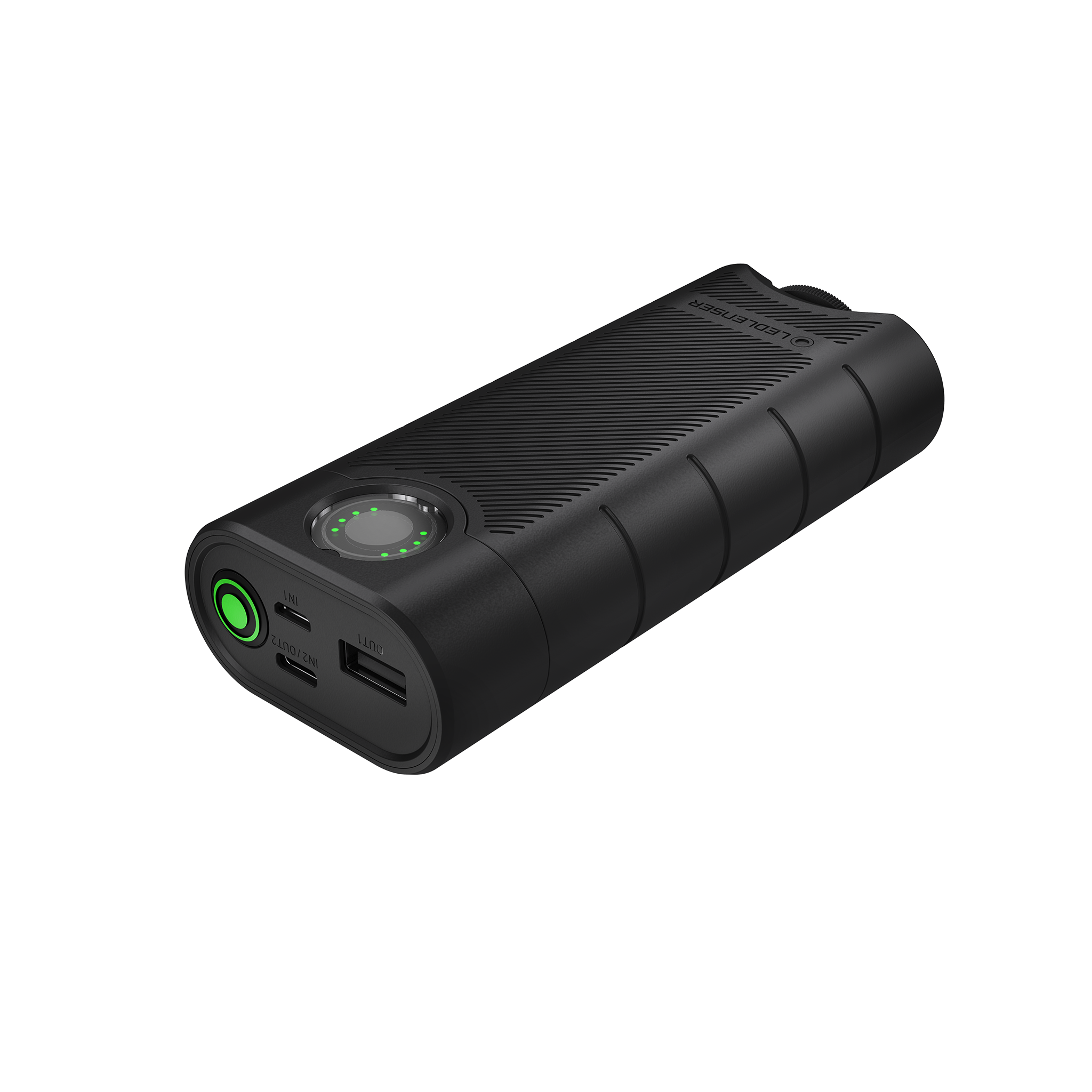 Ledlenser Flex10 Powerbank compact black portable charger with dual USB output and green power button angled view