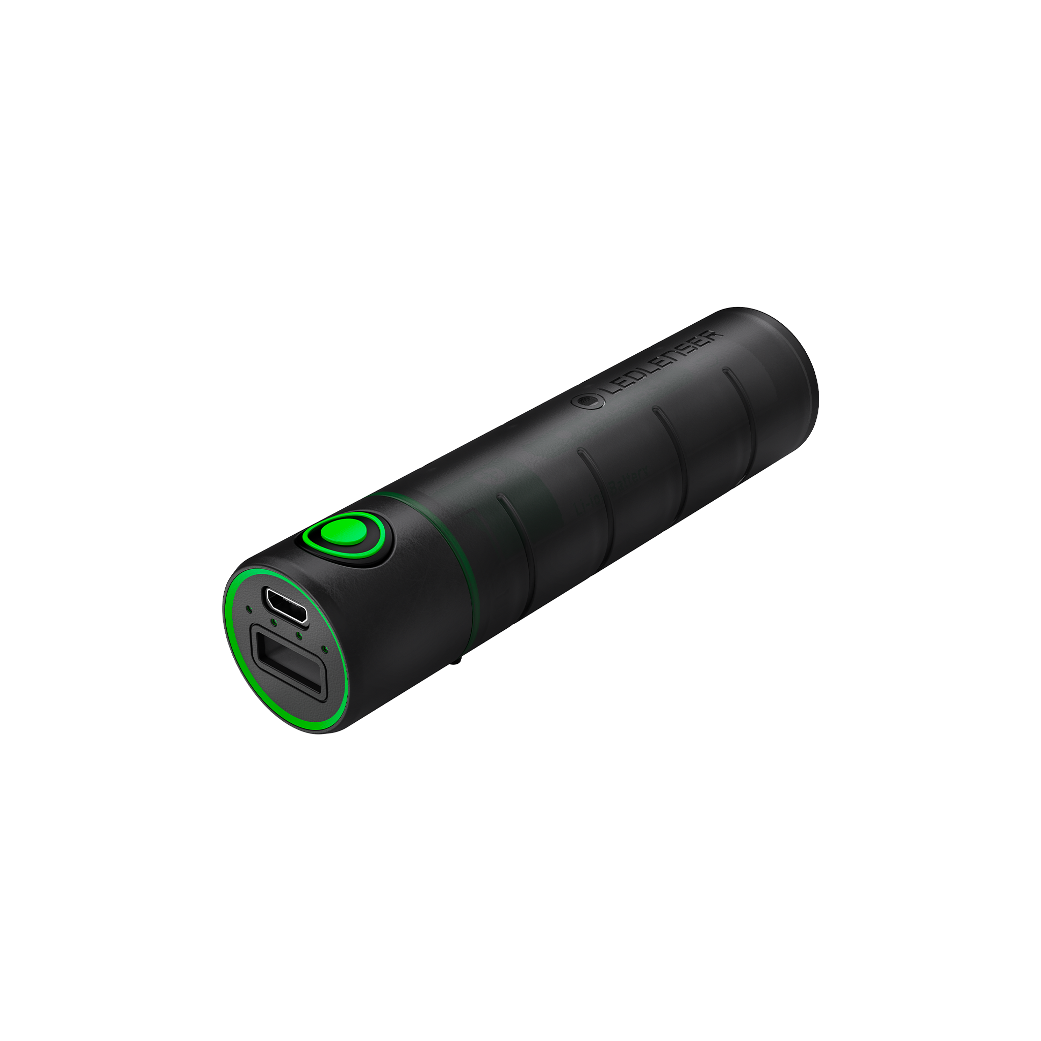 Ledlenser Flex3 Powerbank black cylindrical portable charger with USB C and USB A ports and a green ring