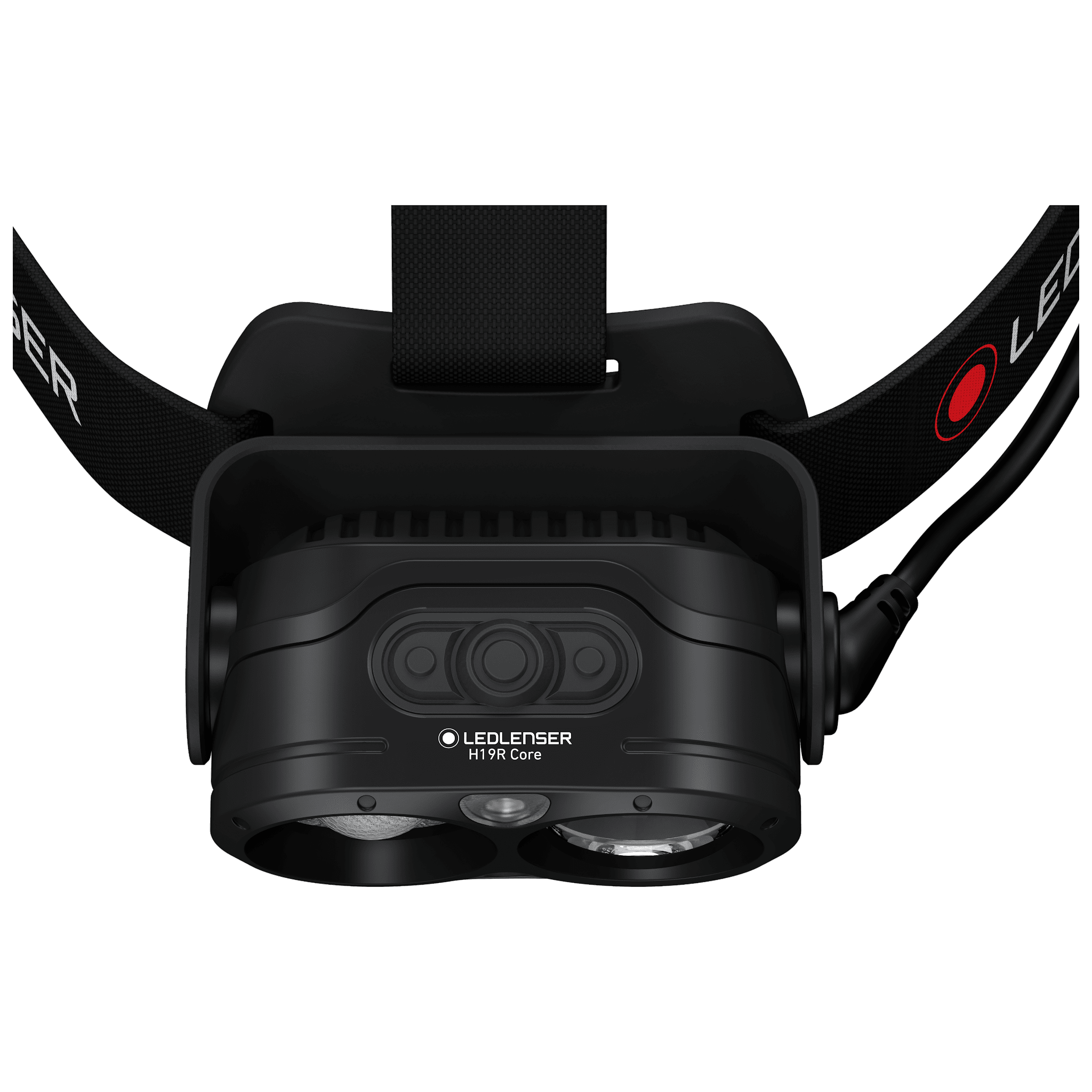 Ledlenser H19R Core Headlamp viewed from front mounted on a black head strap with logo showing dual lenses and central control