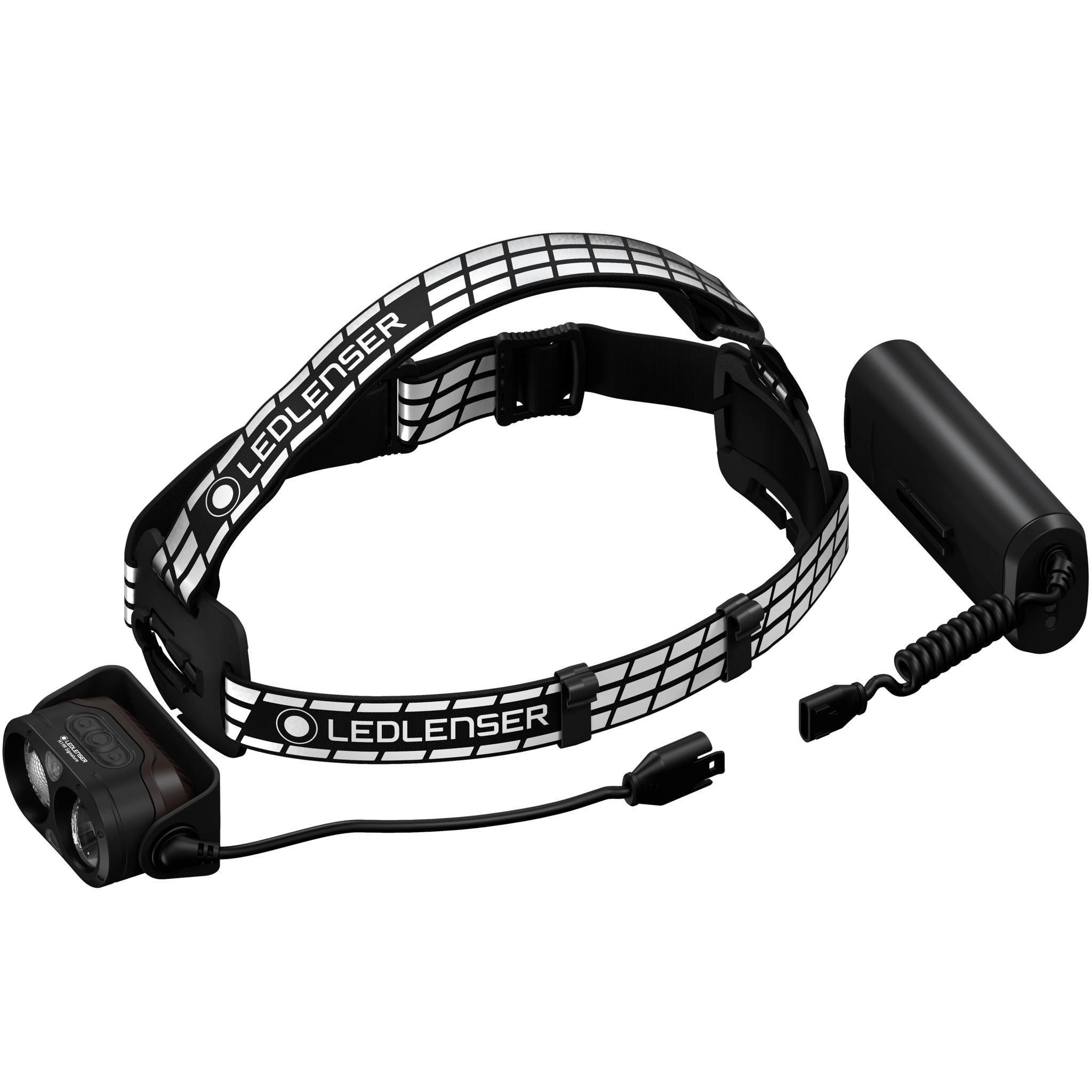 Ledlenser H19R Signature Headlamp with adjustable black and white band battery pack at rear and front light housing