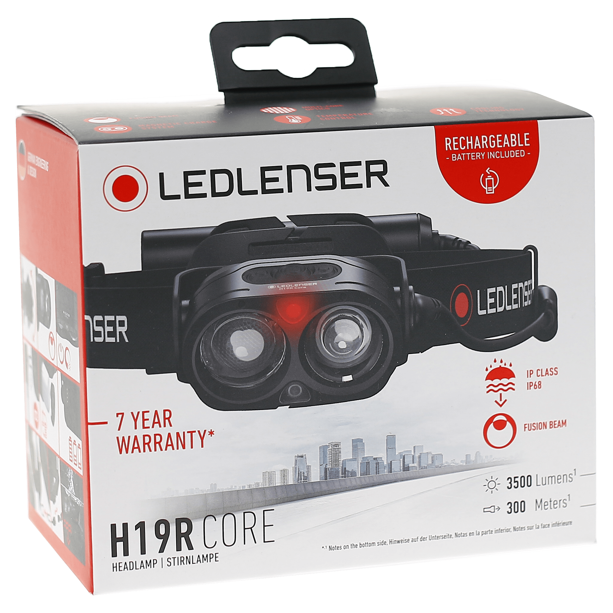 Ledlenser H19R Core headlamp packaging box displaying a black headlamp with red accent IP68 symbol and Ledlenser branding