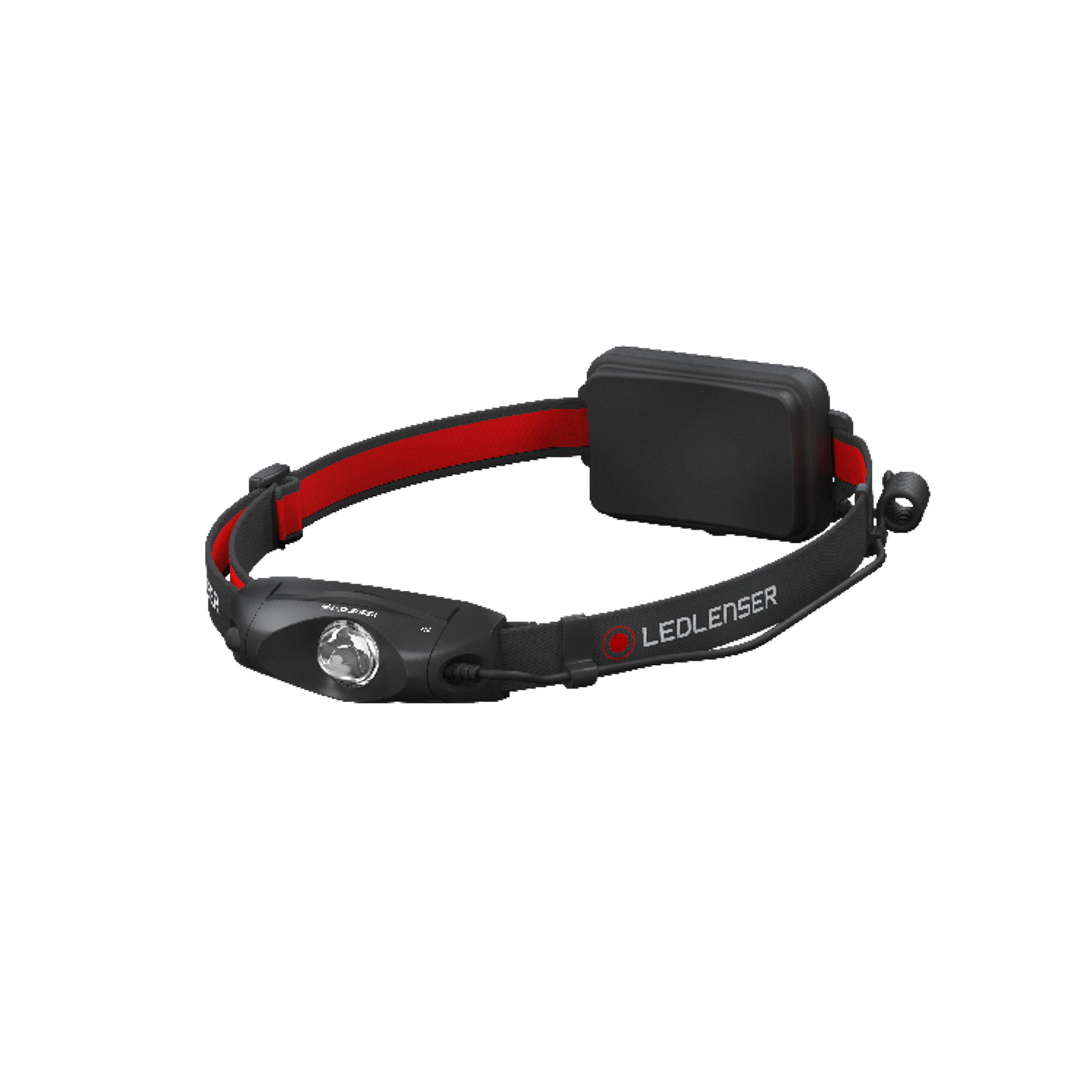 Ledlenser H4 headlamp with black body and red adjustable strap front LED lens and rear battery pack visible in side view